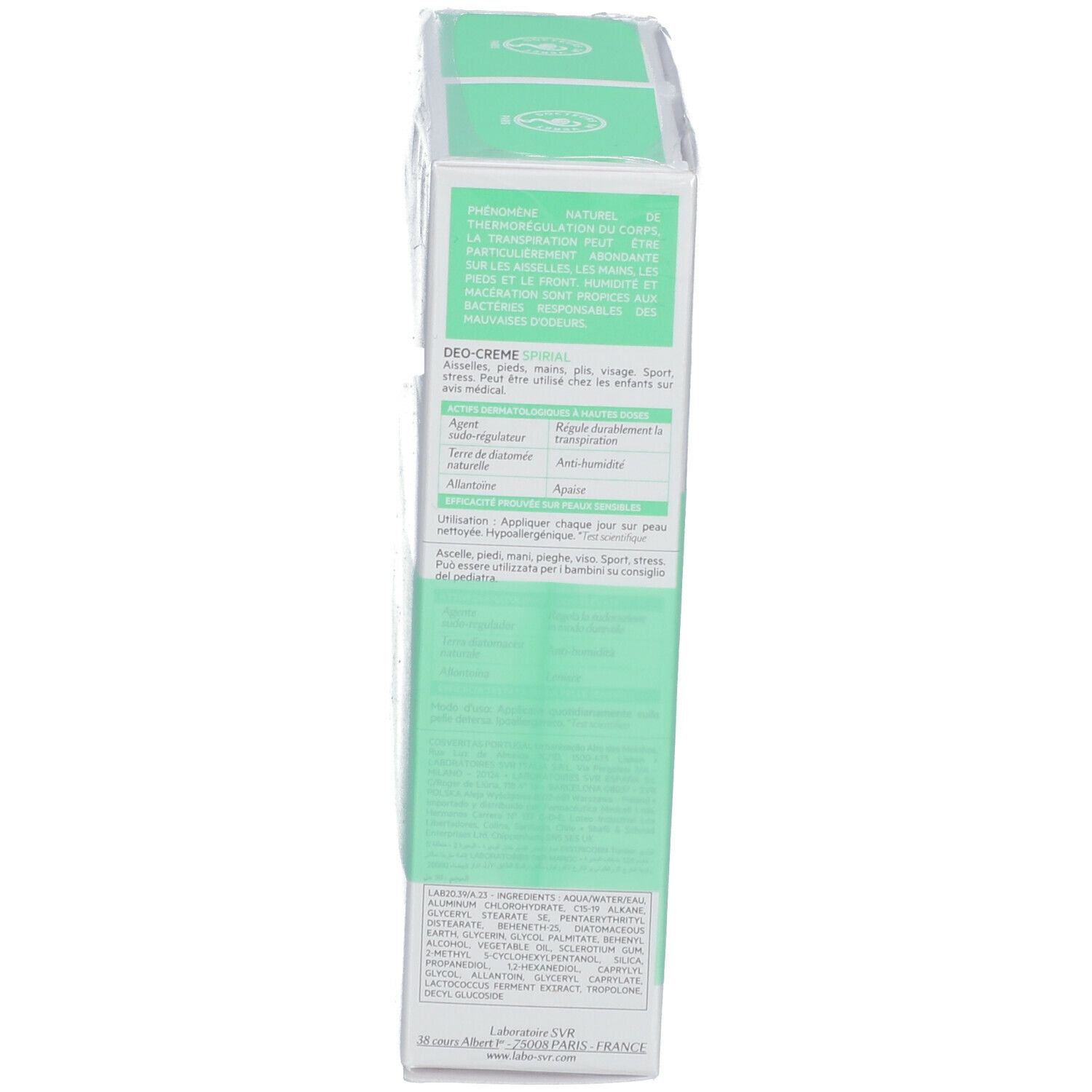 Dos de l'emballage avec texte. Blanc, vert. Marque SVR. Texte: Deo-Creme Spirial. 50ml - 1.7 FL.OZ.