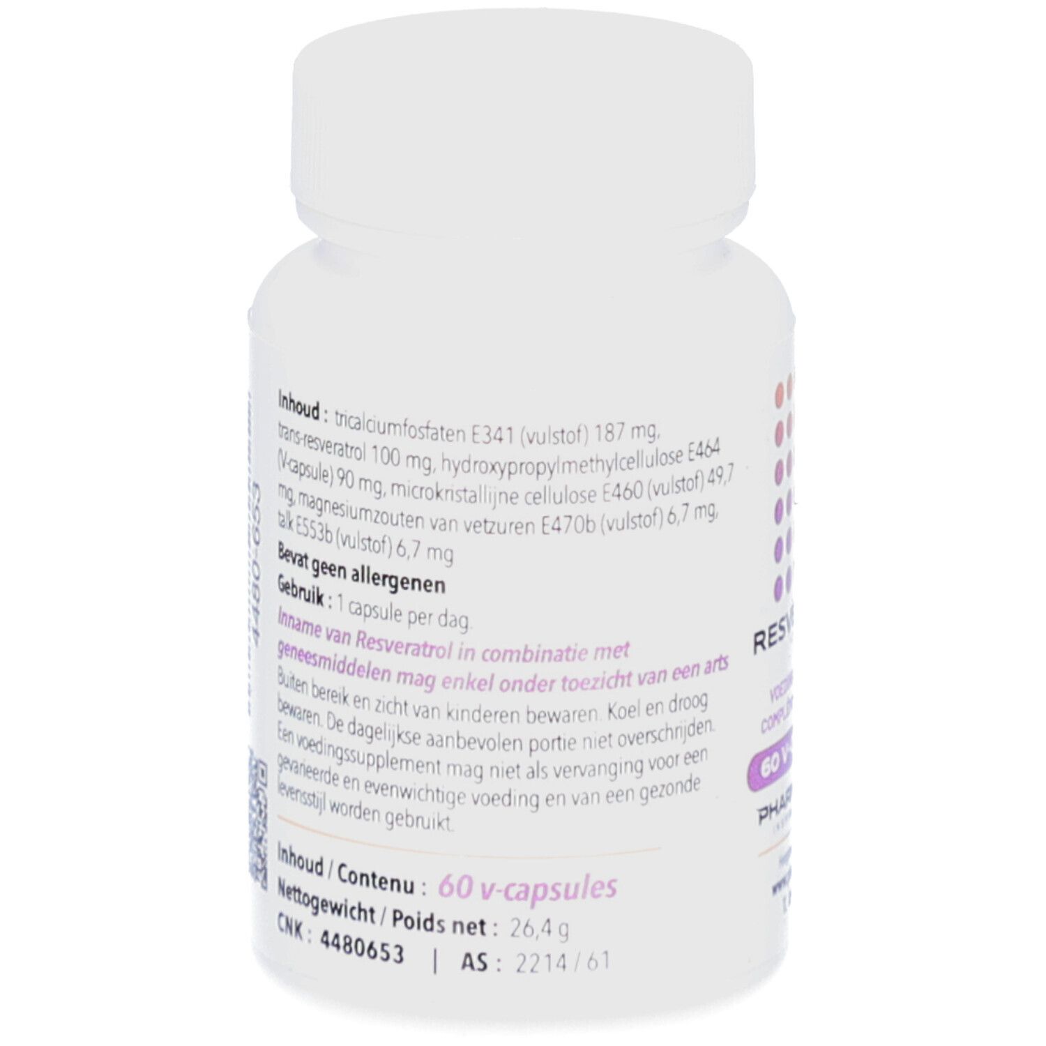 Rückseite der weißen Flasche. Enthält Inhaltsstoffe und Gebrauchsanweisung. Text in Niederländisch.