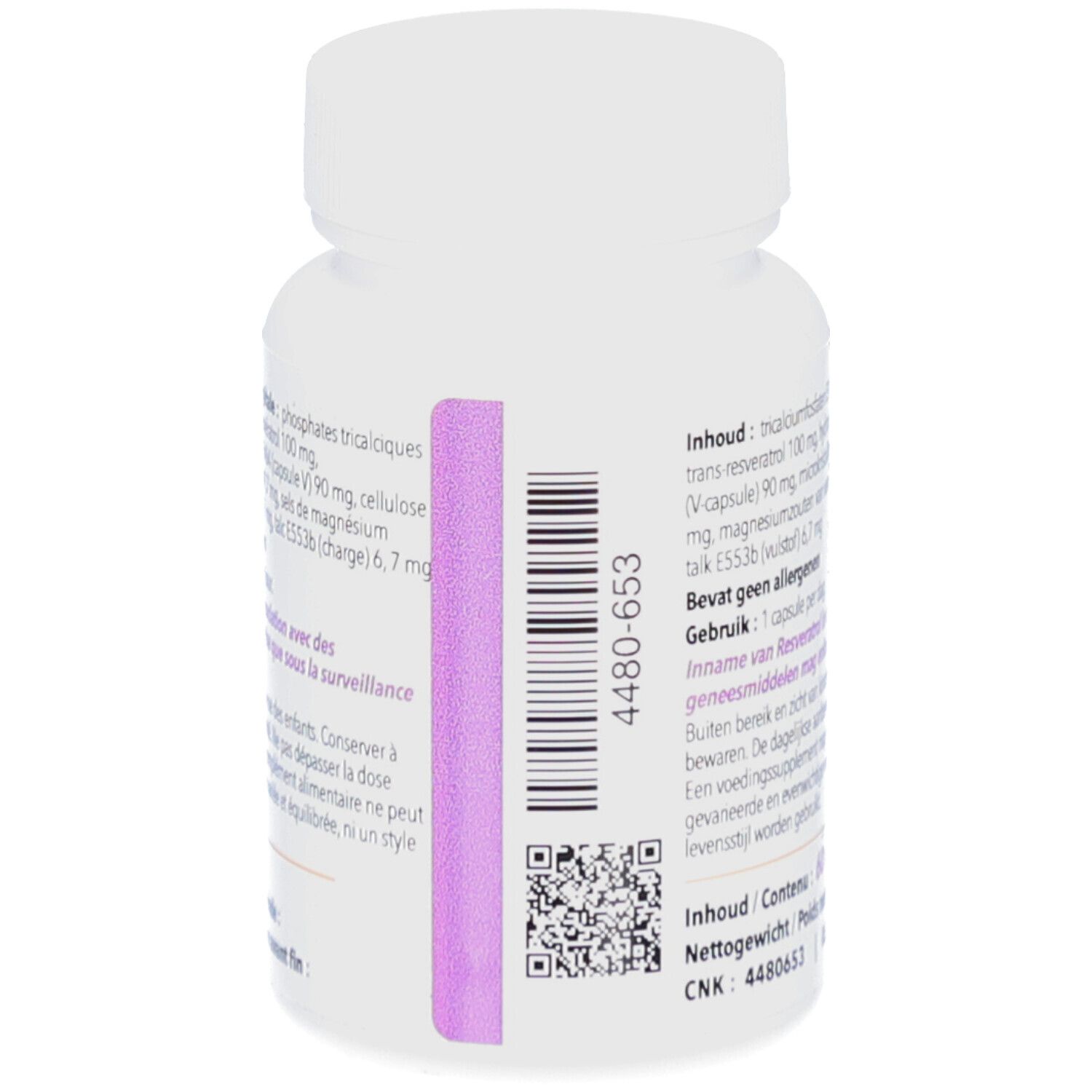 Rückseite der weißen Flasche. Barcode und QR-Code. Text in Niederländisch.