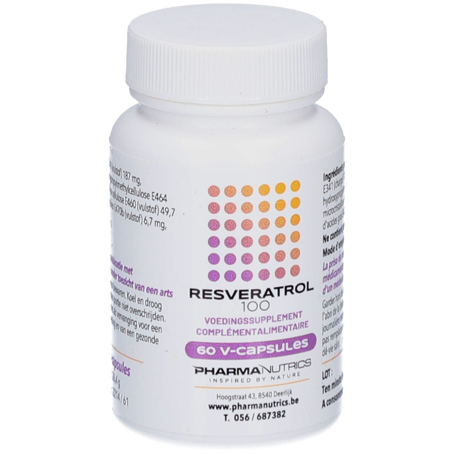 Weiße Flasche mit Schraubverschluss. Aufschrift: Resveratrol 100, 60 V-Kapseln. Marke: PharmaNutrics.