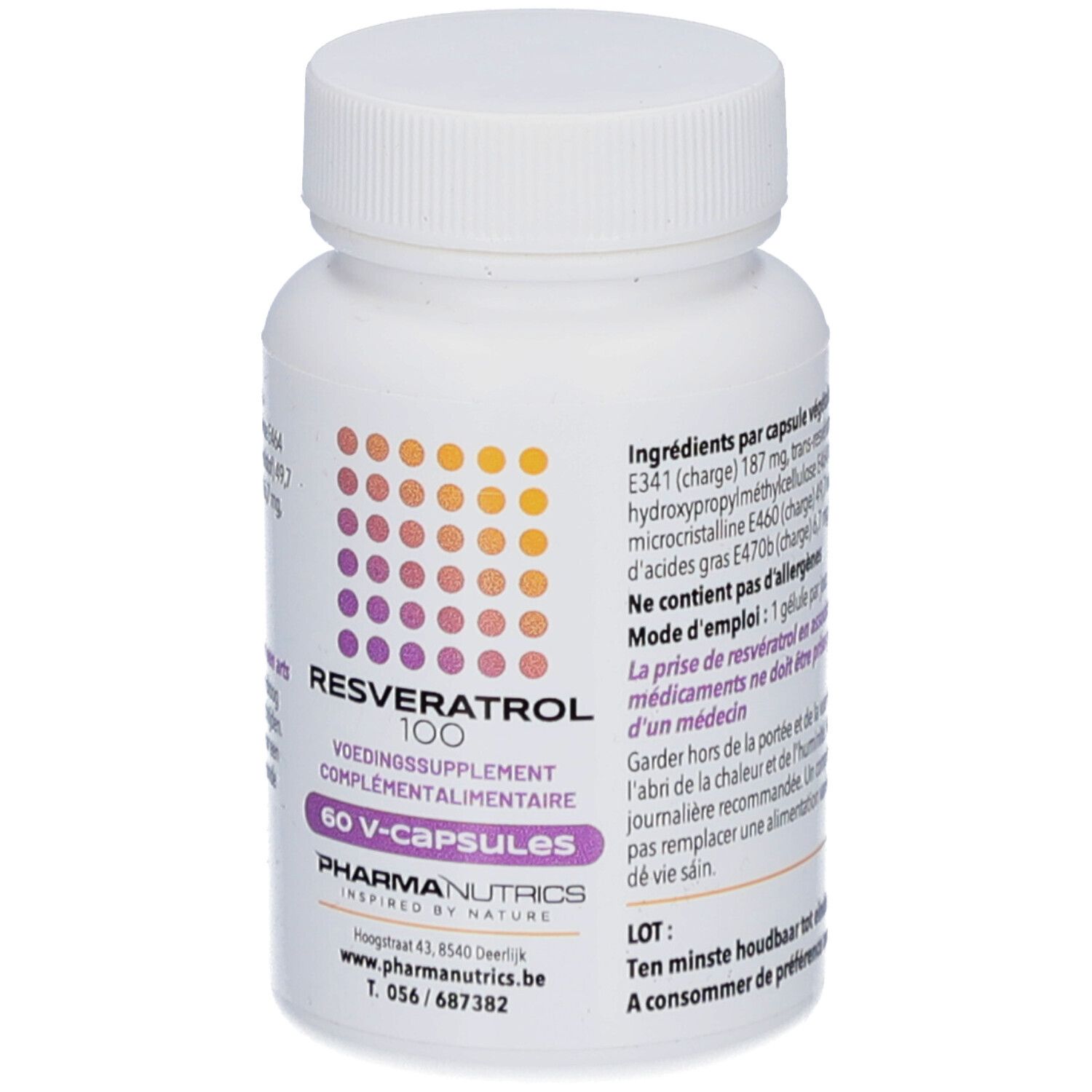 Weiße Flasche mit Schraubverschluss. Aufschrift: Resveratrol 100, 60 V-Kapseln. Marke: PharmaNutrics.