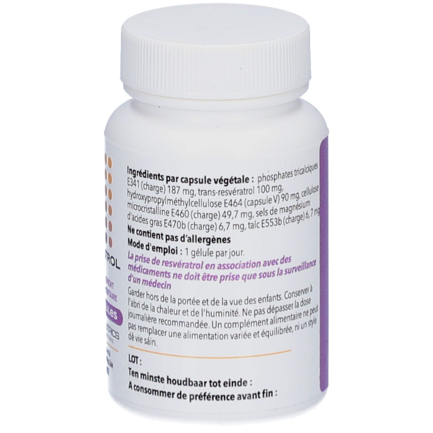 Rückseite der weißen Flasche. Enthält Inhaltsstoffe und Gebrauchsanweisung. Text in Französisch.