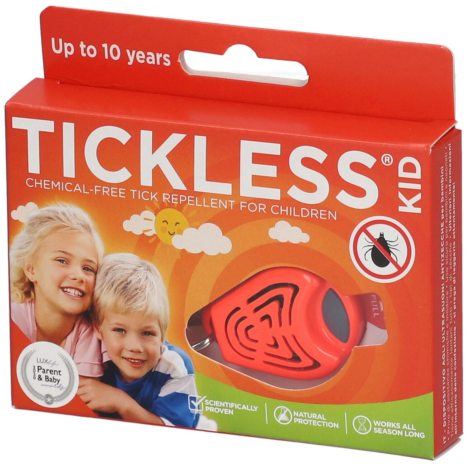 Rote Verpackung mit Produkt. Aufschrift: TICKLESS KID. Abbildung von Kindern und Zecken-Symbol. Produkt sichtbar.