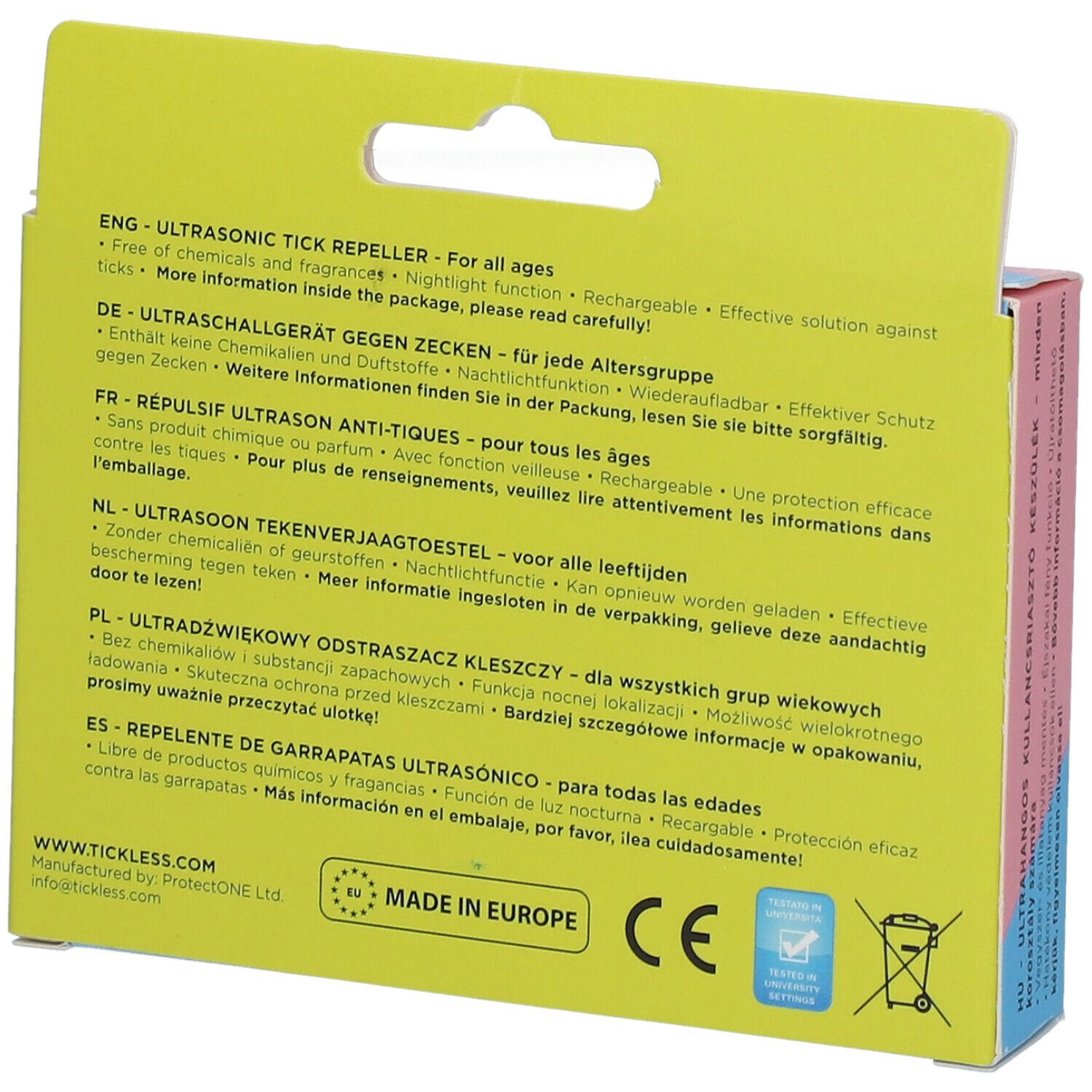 Rückseite der Verpackung. Text in mehreren Sprachen. Informationen zum Produkt. CE-Kennzeichnung. Hergestellt in Europa. Abfallbehälter-Symbol.