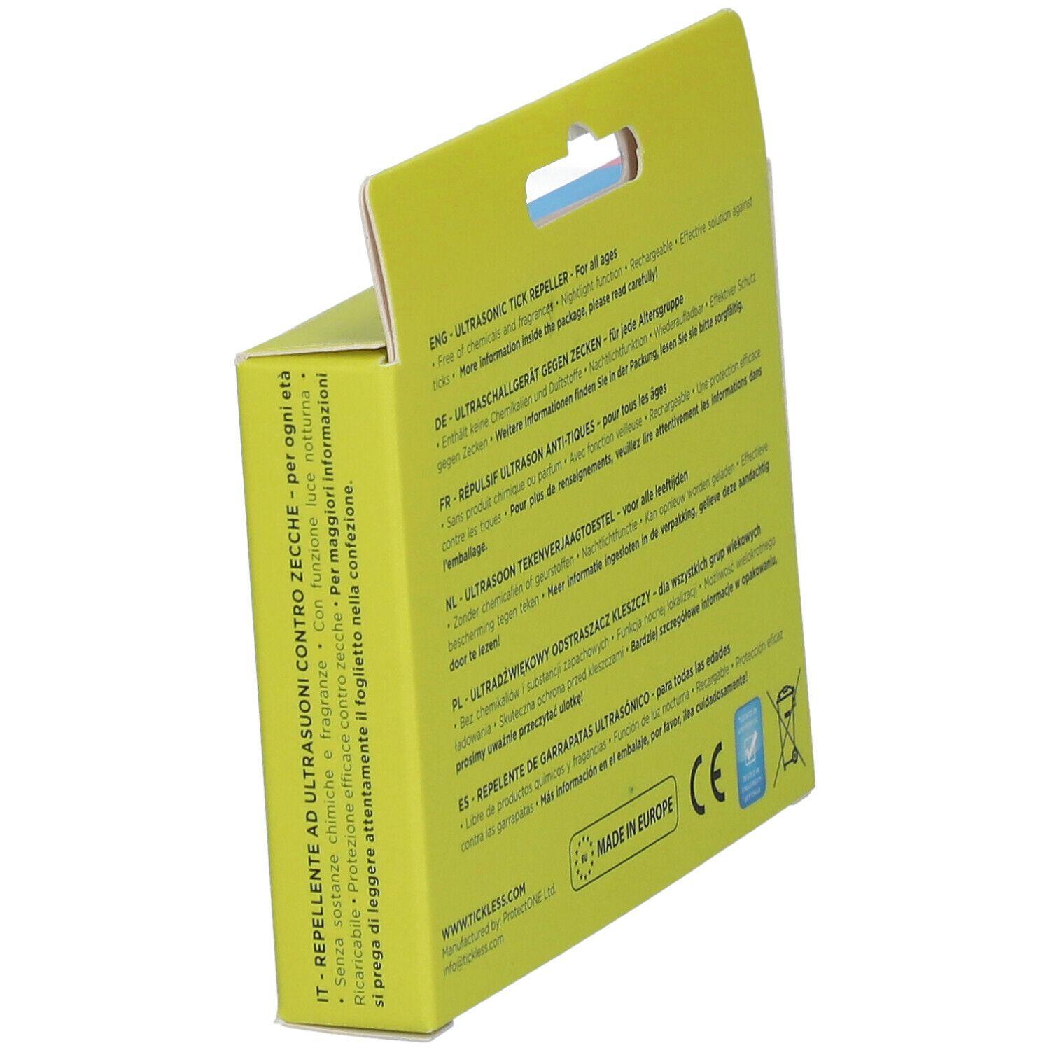 Verpackung. Text in mehreren Sprachen. Informationen zum Produkt. CE-Kennzeichnung. Hergestellt in Europa. Abfallbehälter-Symbol.