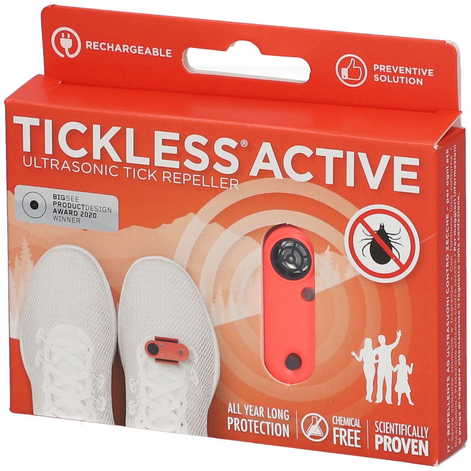 Rote Verpackung mit Produktabbildung. Zeigt ein Gerät und Schuhe. Text: TICKLESS ACTIVE, Ultraschall-Zeckenabwehr.