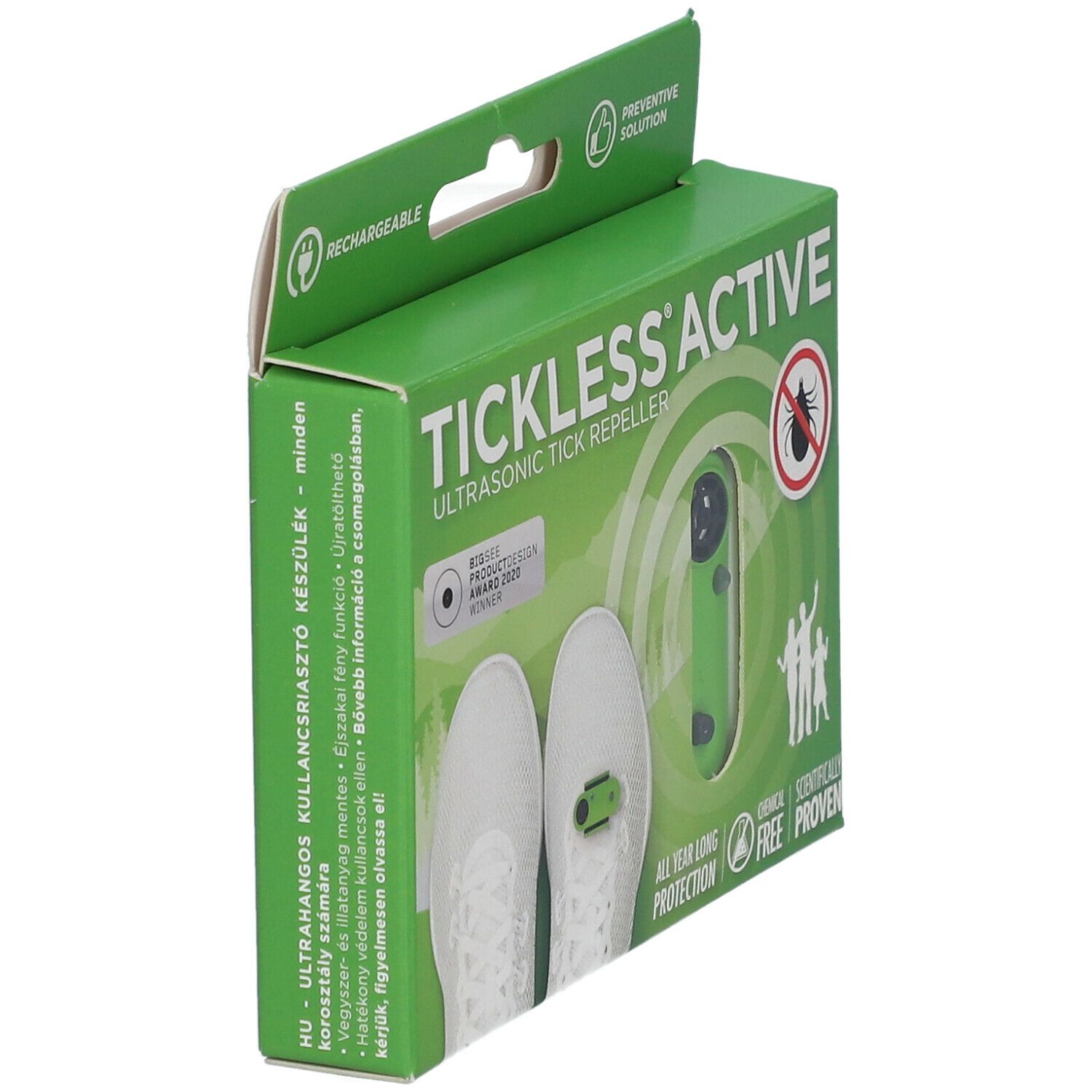 Grüne Verpackung, Seitenansicht. Produktabbildung und Text: Tickless Active, Rechargeable, Preventiv. Zeckenabwehrgerät abgebildet.