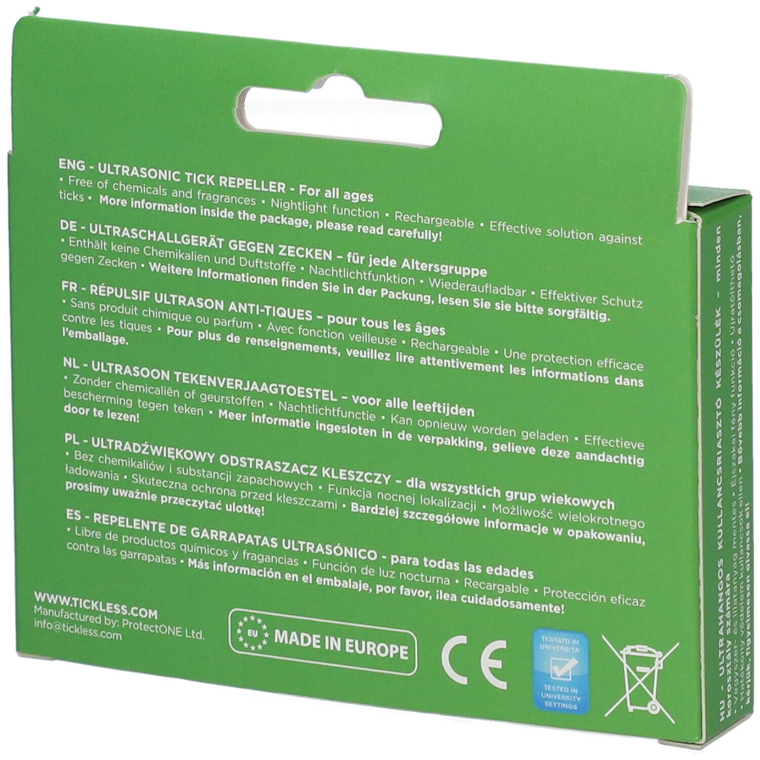 Rückseite der grünen Verpackung. Text in mehreren Sprachen. Informationen zum Produkt: Zeckenabwehr, Inhaltsstoffe, Anwendung.