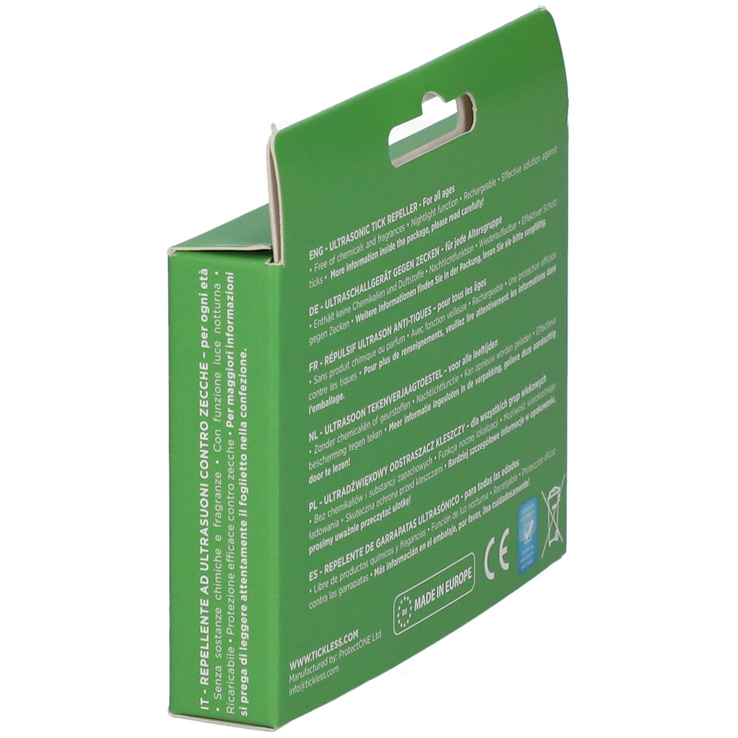 Seitenansicht der grünen Verpackung. Text in mehreren Sprachen. Informationen zum Produkt: Zeckenabwehr, Inhaltsstoffe, Anwendung.
