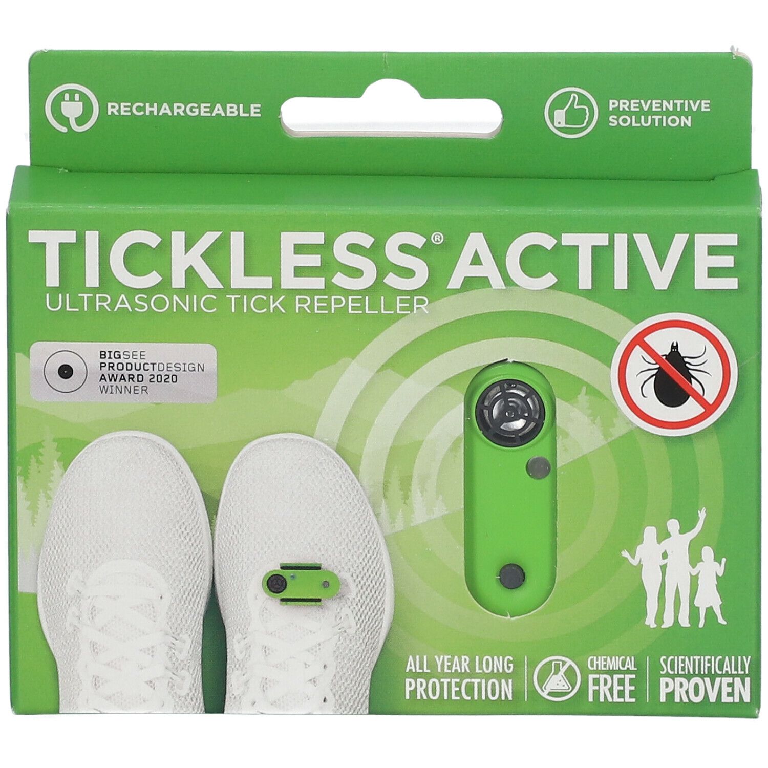 Grüne Verpackung mit Produktabbildung. Zeckenabwehrgerät und Schuhe abgebildet. Text: Tickless Active, Rechargeable, Preventiv.