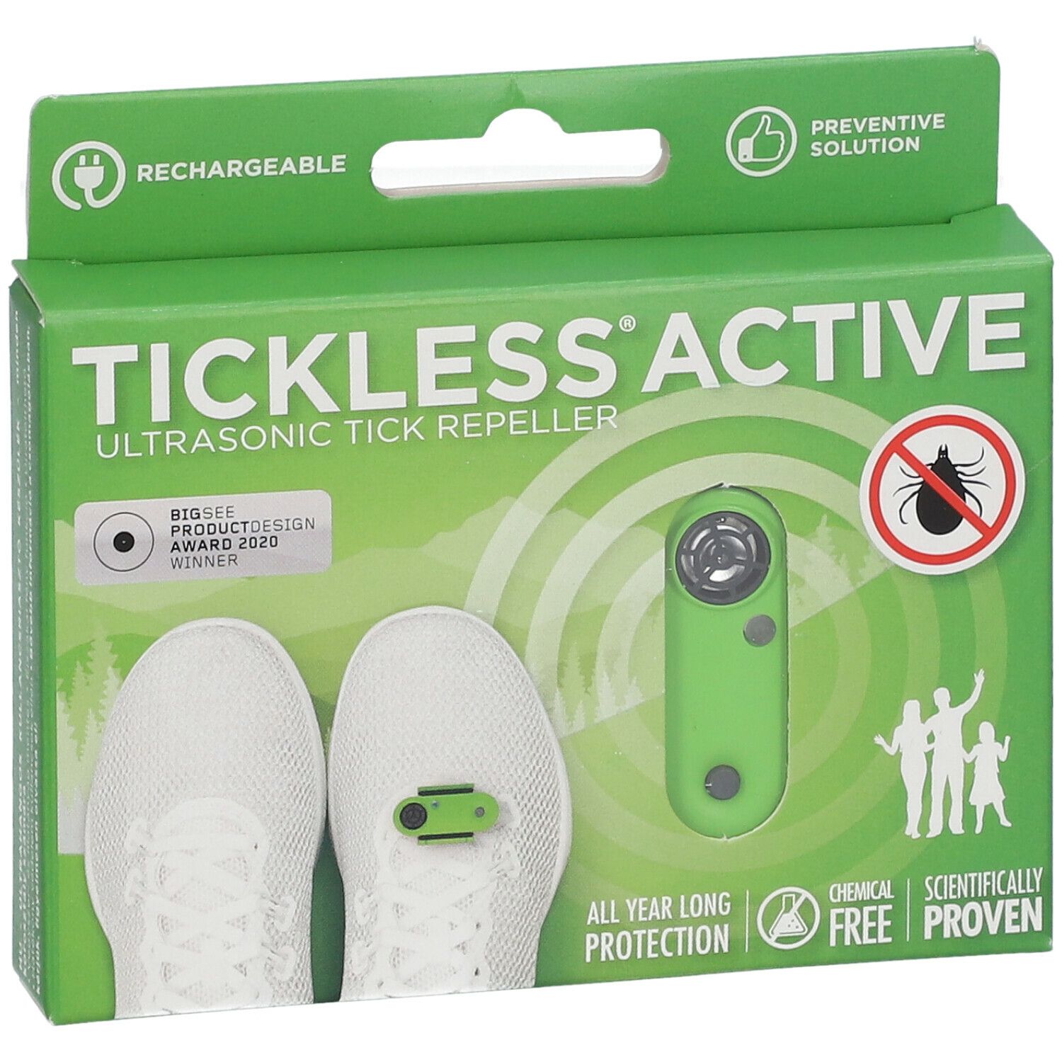 Grüne Verpackung mit Produktabbildung. Zeckenabwehrgerät und Schuhe abgebildet. Text: Tickless Active, Rechargeable, Preventiv.