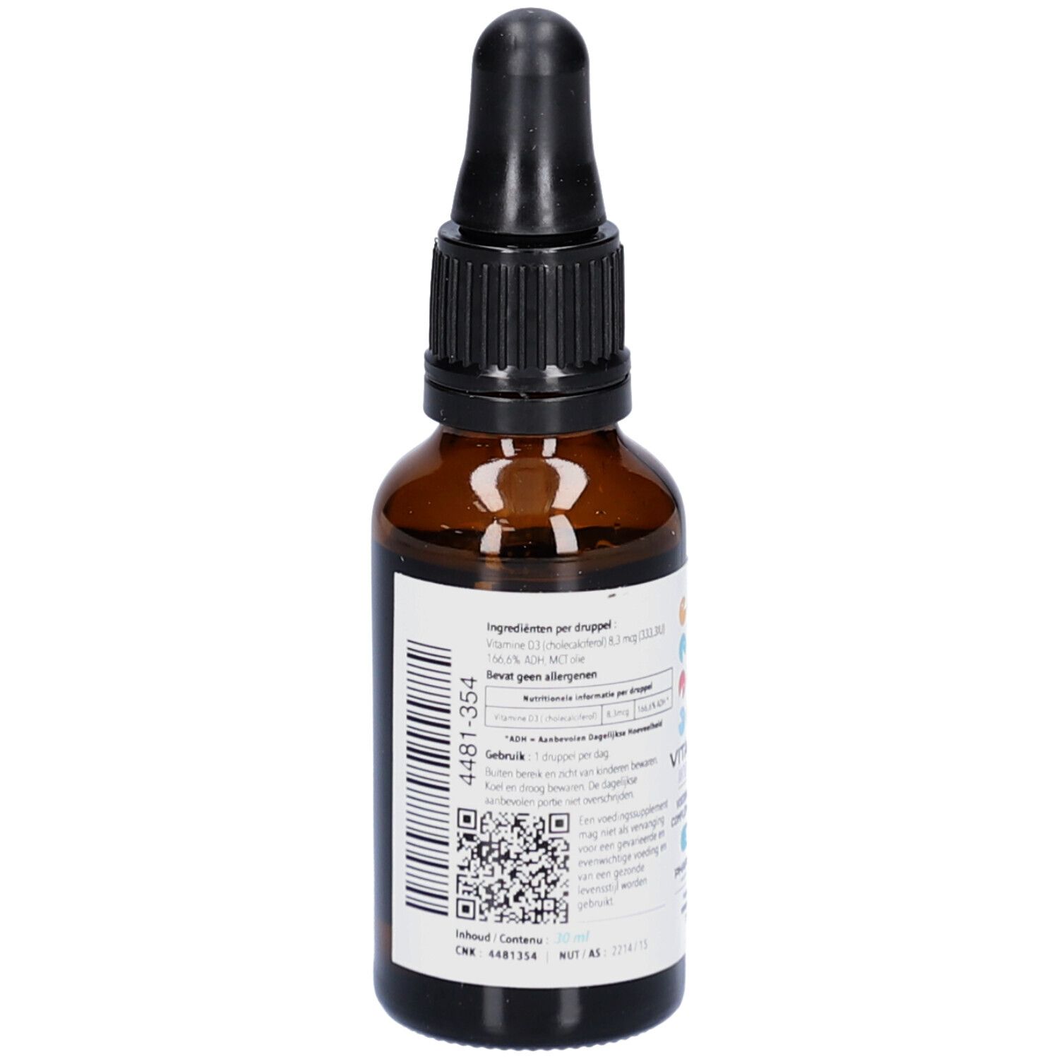 Braune Glasflasche mit schwarzem Verschluss und Pipette. Rückseite mit Etikett und Barcode. PharmaNutrics Vitamine D3 Active Junior.