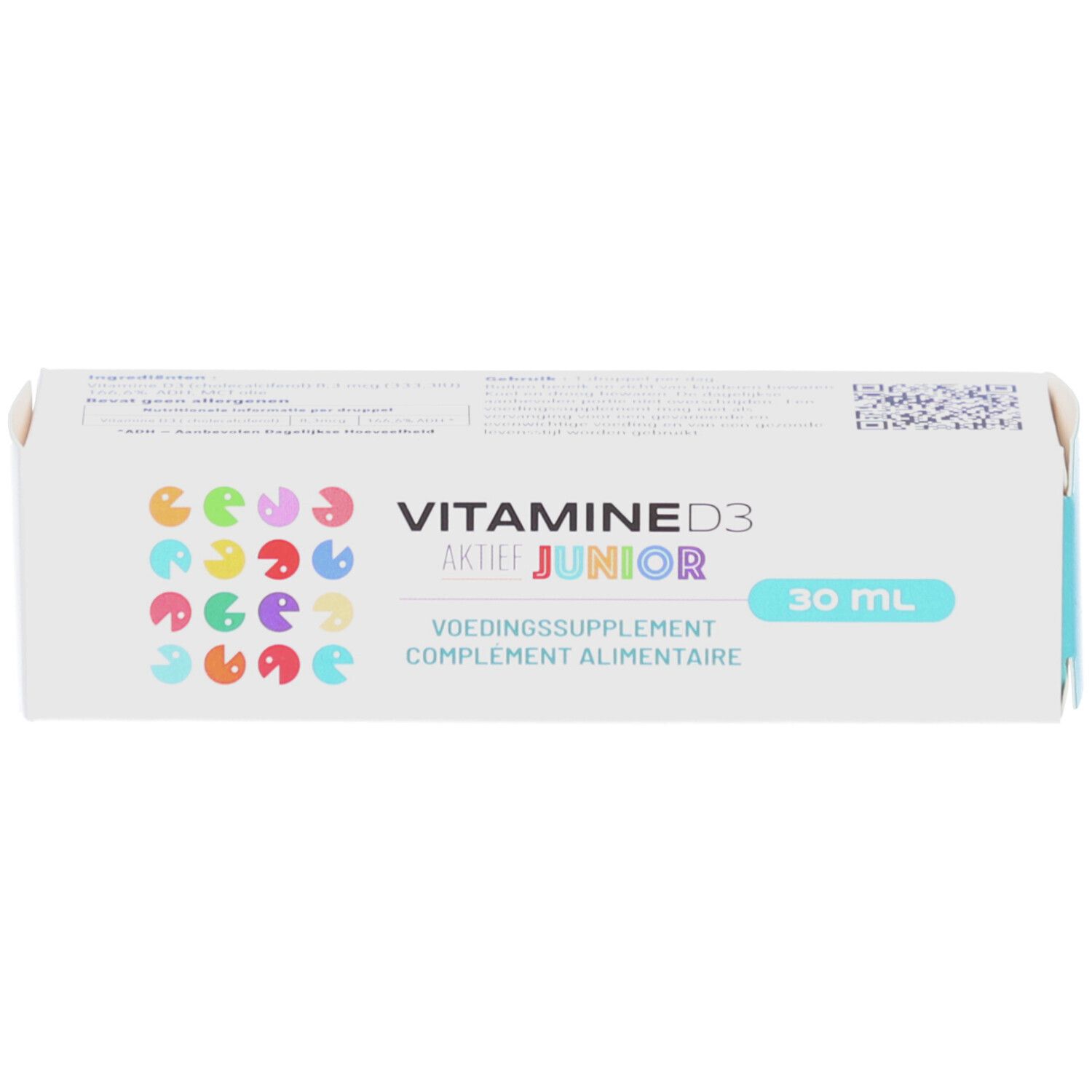 Weiße Schachtel mit Produktinformationen. PharmaNutrics Vitamine D3 Active Junior. 30 ml.