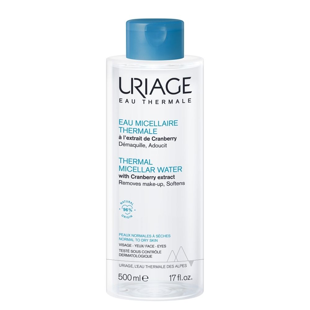 Eau Micellaire Thermale Uriage Cranberry, flacon 100ml, 3-en-1 Nettoie, démaquille, hydrate.