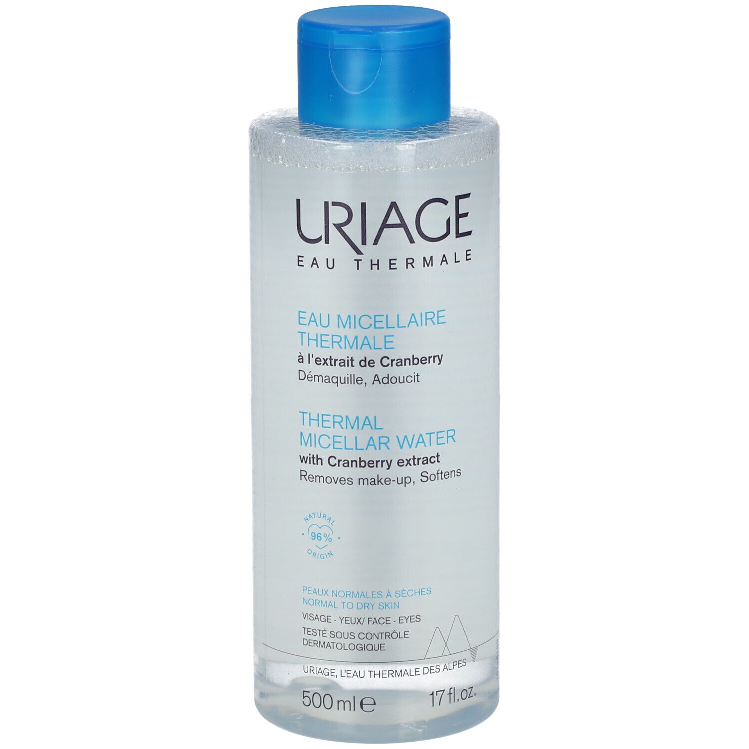 Uriage Thermal Micellar Water mit Cranberry-Extrakt, 500ml Flasche.