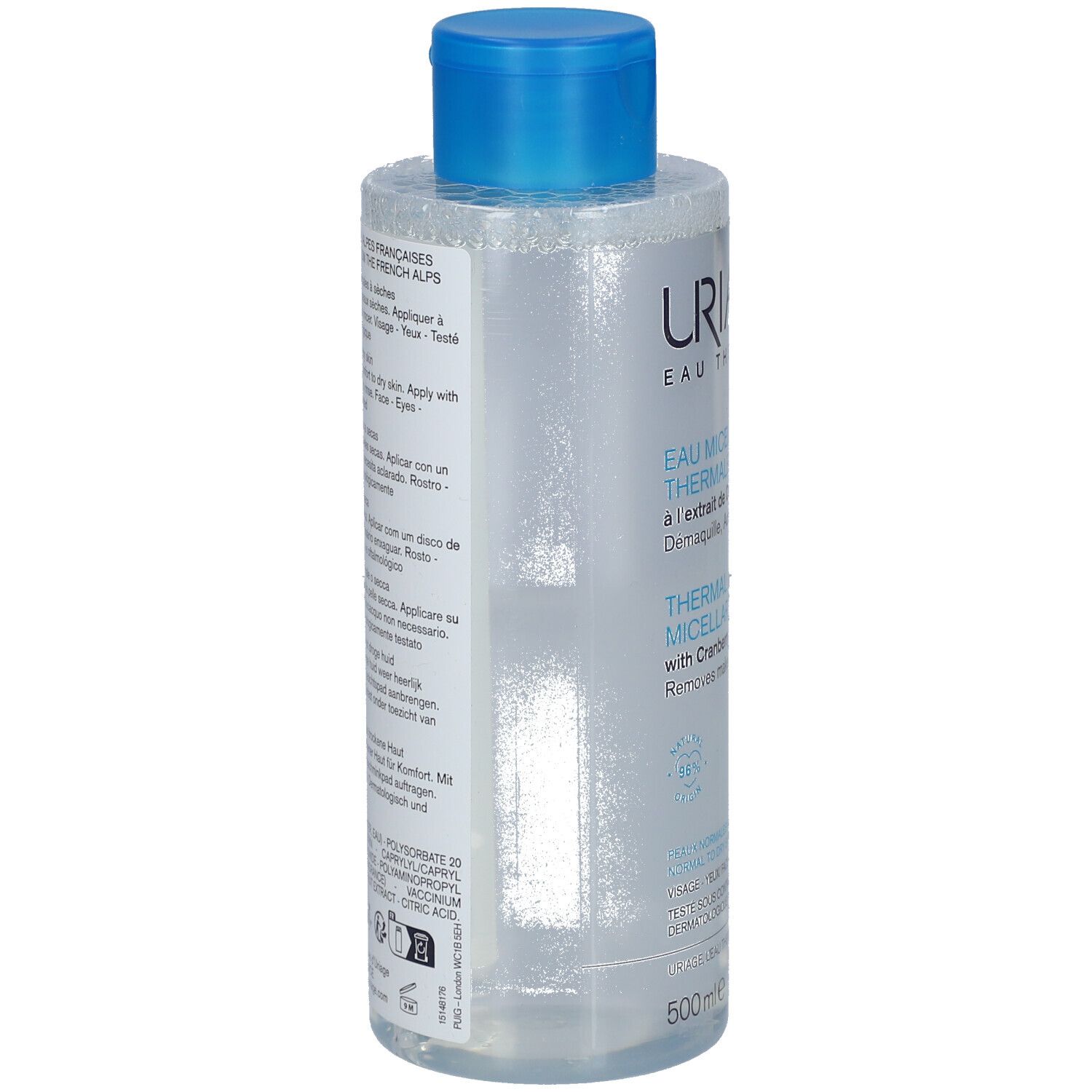Rückseite einer Uriage Thermal Micellar Water Flasche mit Cranberry-Extrakt, 500ml.
