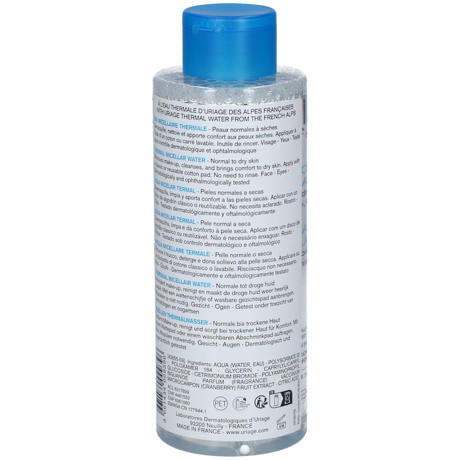 Seitenansicht einer Uriage Thermal Micellar Water Flasche mit Cranberry-Extrakt, 500ml.