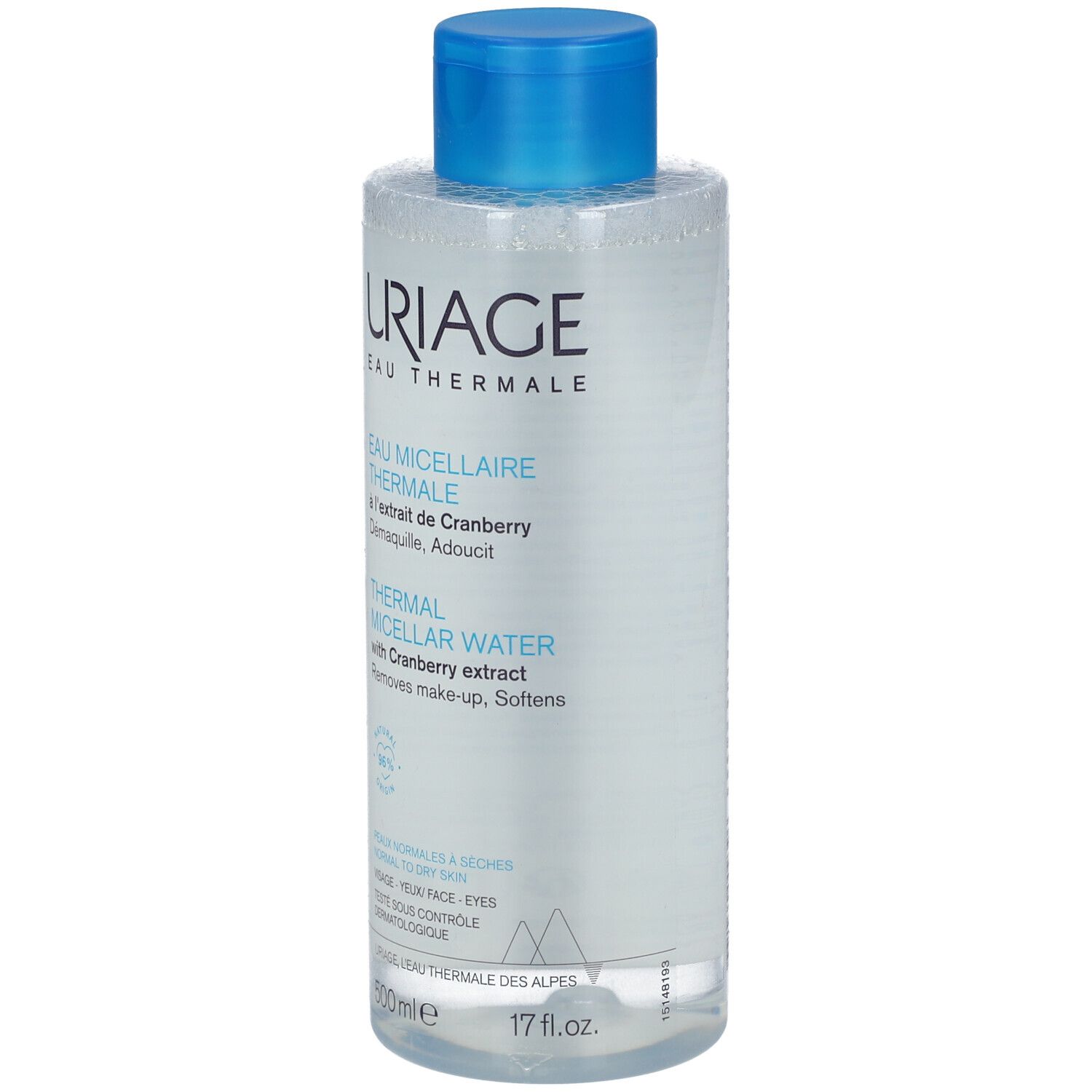 Uriage Thermal Micellar Water mit Cranberry-Extrakt, 500ml Flasche, Vorderansicht.