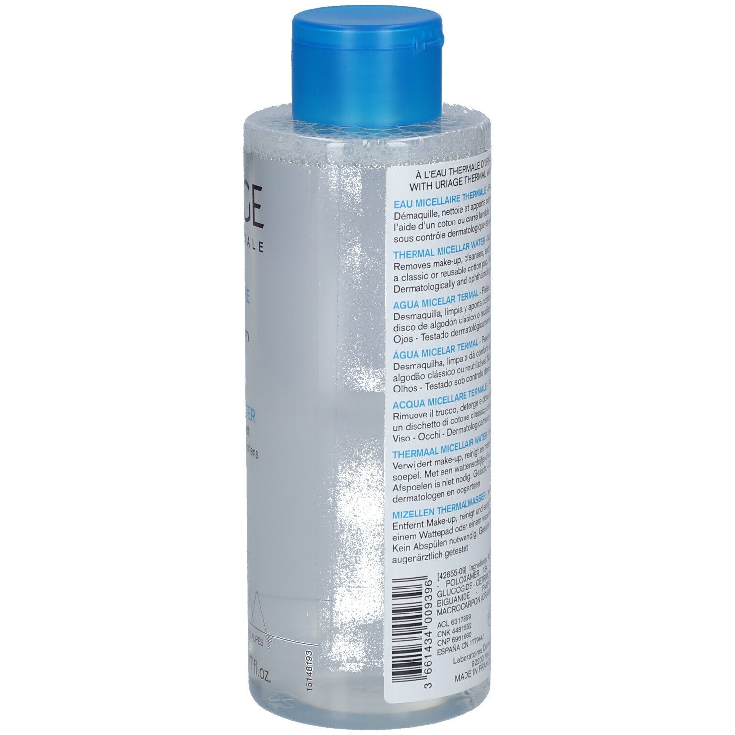 Uriage Thermal Micellar Water mit Cranberry-Extrakt, 500ml Flasche, leichte Schrägansicht.