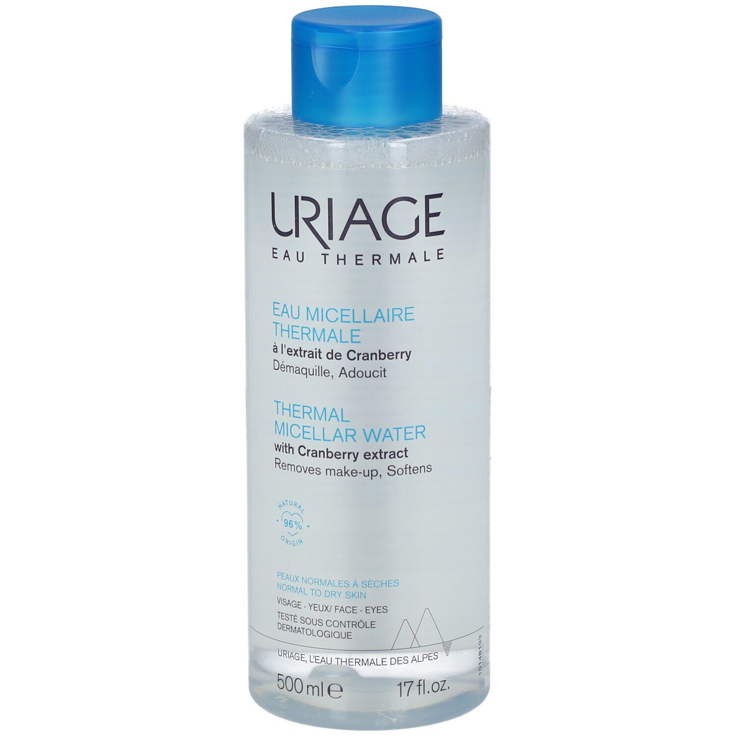 Uriage Thermal Micellar Water mit Cranberry-Extrakt, 500ml Flasche, leichte Schrägansicht.
