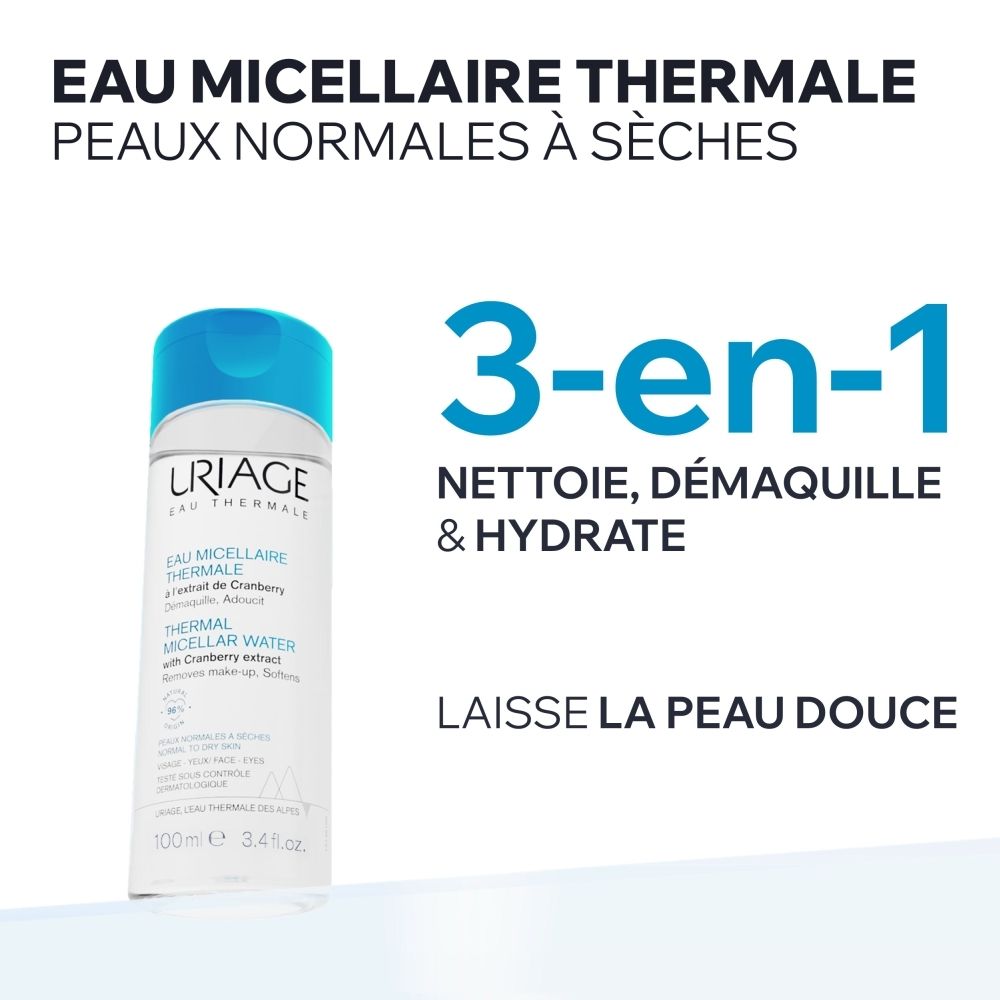 Application d'Eau Micellaire Thermale Uriage Cranberry sur peau normale à sèche.