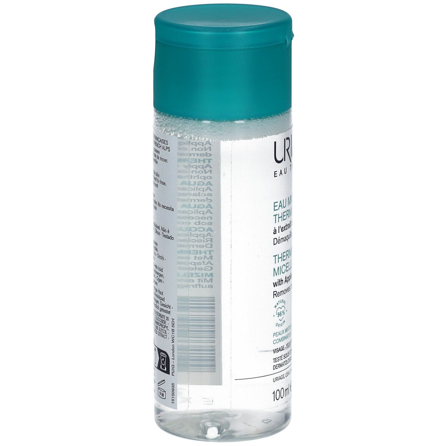 Rückseite der Uriage Thermal Micellar Water Flasche mit Inhaltsstoffen und Anwendungshinweisen.