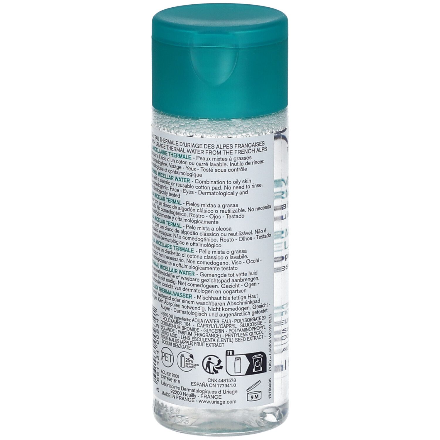 Seitenansicht der Uriage Thermal Micellar Water Flasche mit detaillierten Anwendungshinweisen.