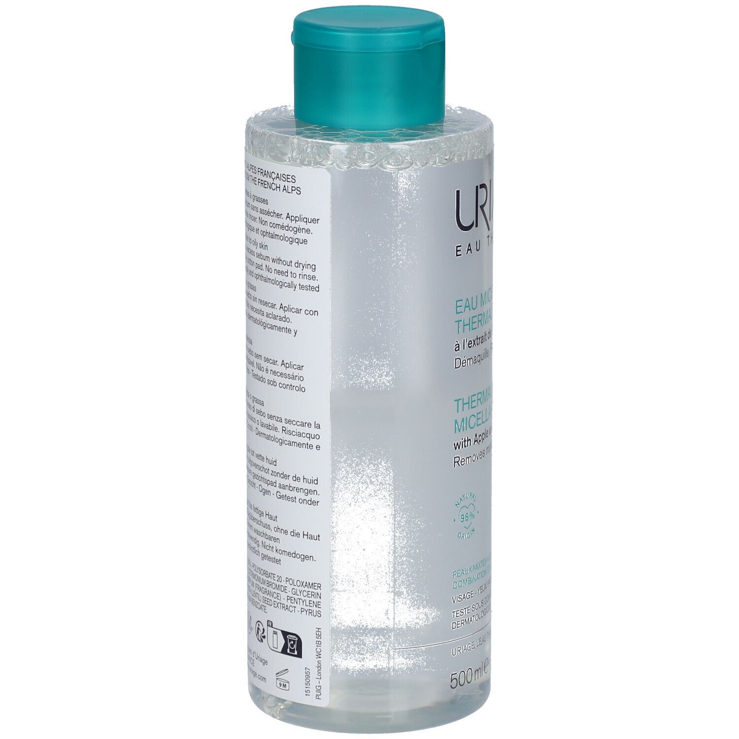 Rückseite der Uriage Thermal Micellar Water Flasche mit Apfelextrakt, 500ml.