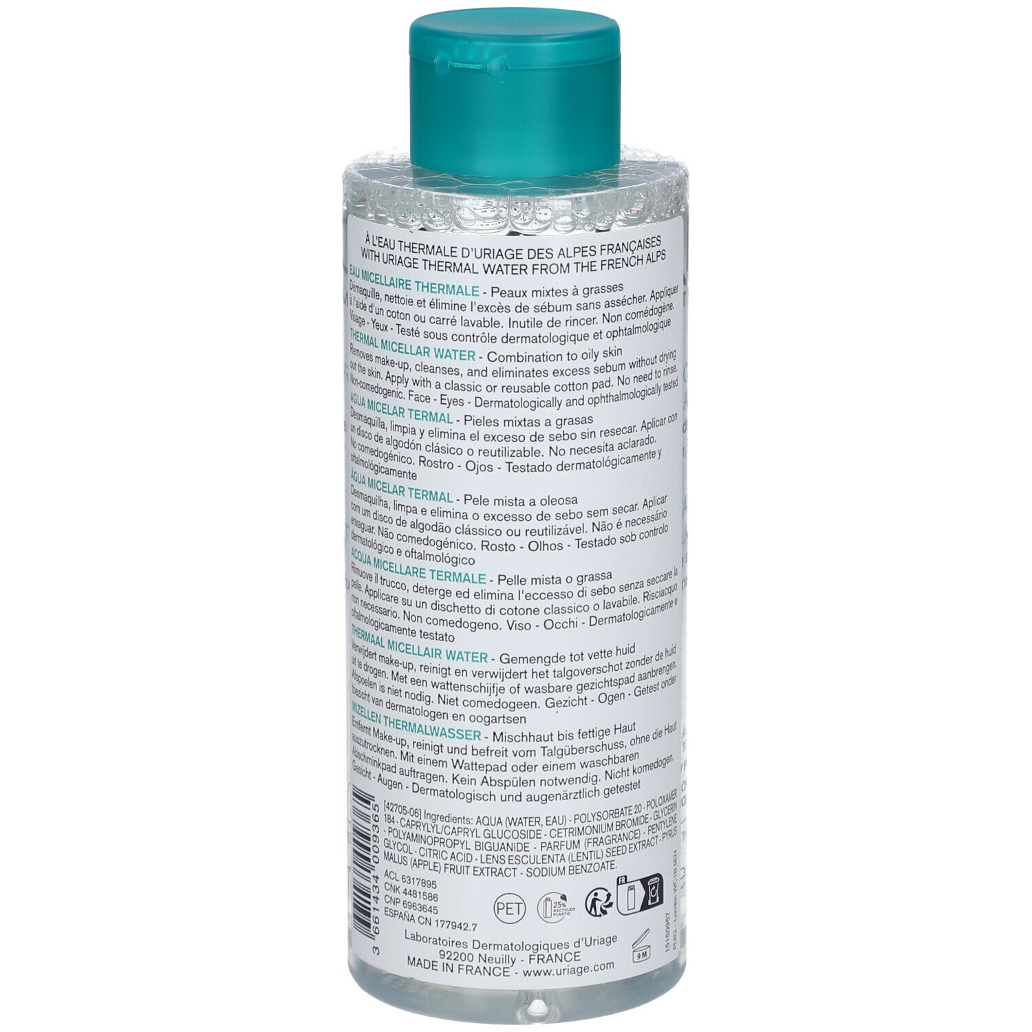Seitenansicht der Uriage Thermal Micellar Water Flasche mit Apfelextrakt, 500ml.