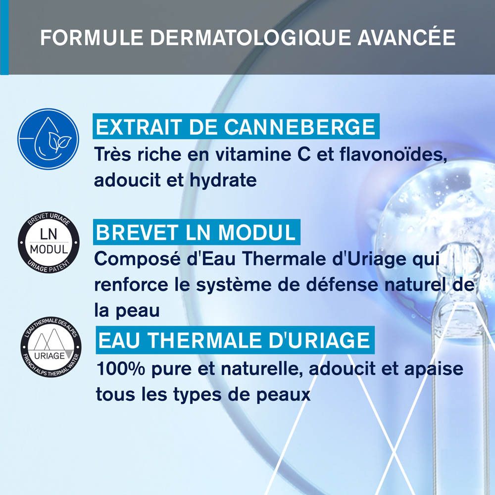 Graphique avec informations produit. Souligné: Extrait de canneberge, LN Modul, Eau Thermale d'Uriage.