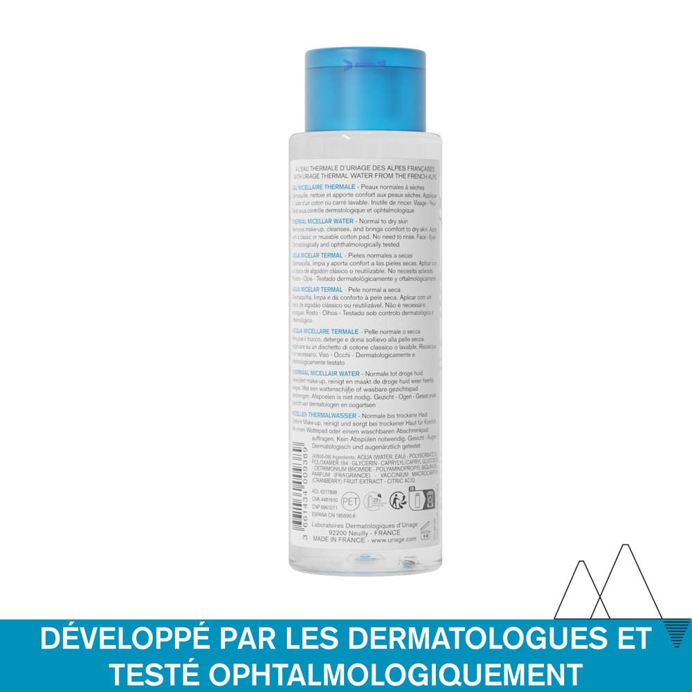 Dos du flacon avec informations produit. Texte multilingue. Testé dermatologiquement.