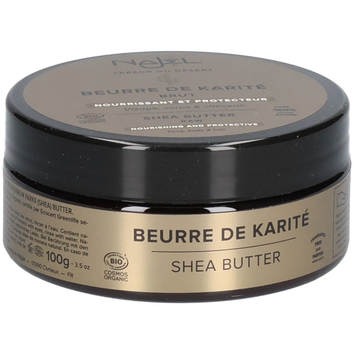 Runde Dose mit braunem Deckel und goldfarbenem Etikett. Beschriftung: Beurre de Karité, Shea Butter, Nourrissant et Protecteur. Bio-Zertifizierung.