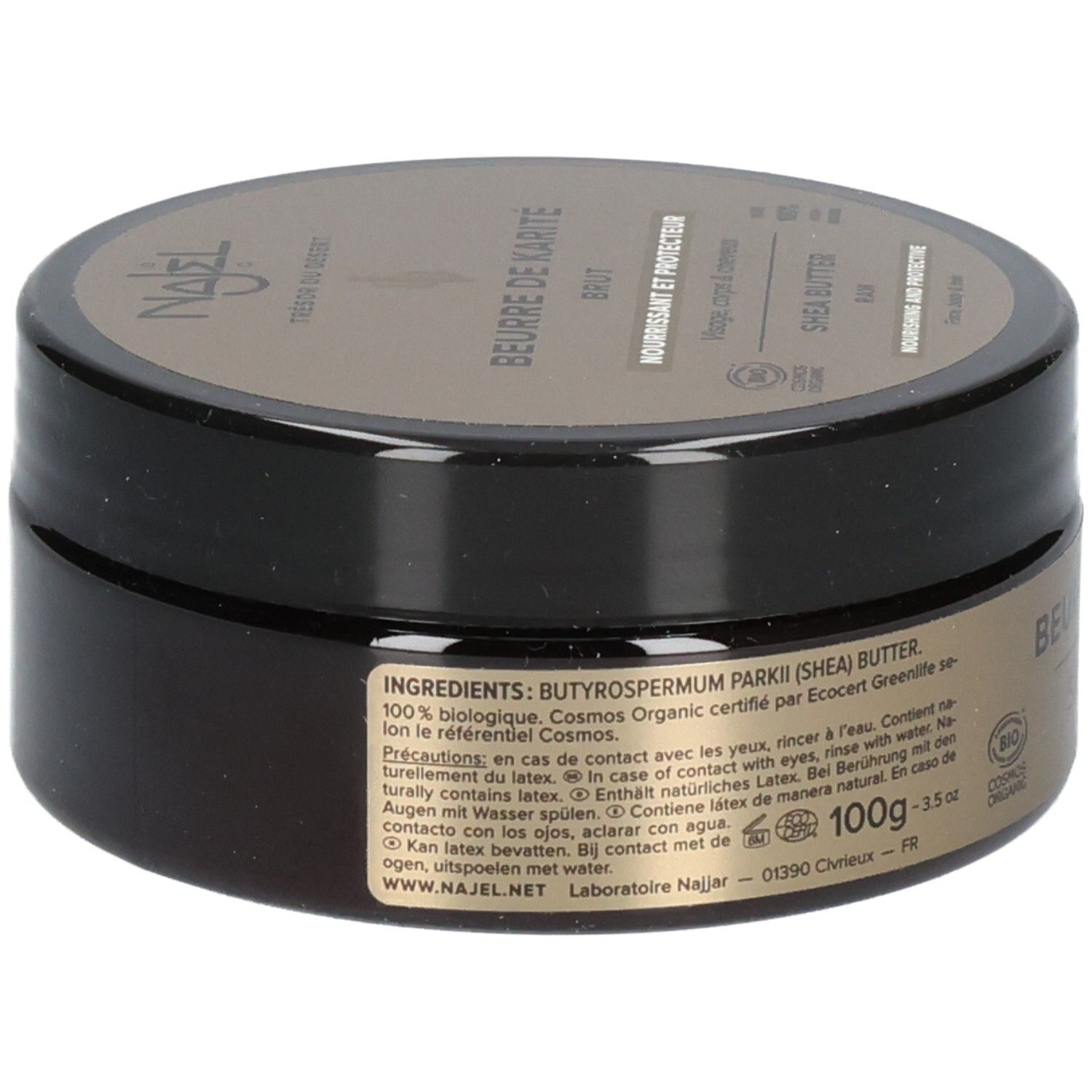 Dose mit braunem Deckel und goldfarbenem Etikett. Aufschrift: Beurre de Karité, Shea Butter, Nourrissant et Protecteur. Zutatenliste und Warnhinweise.