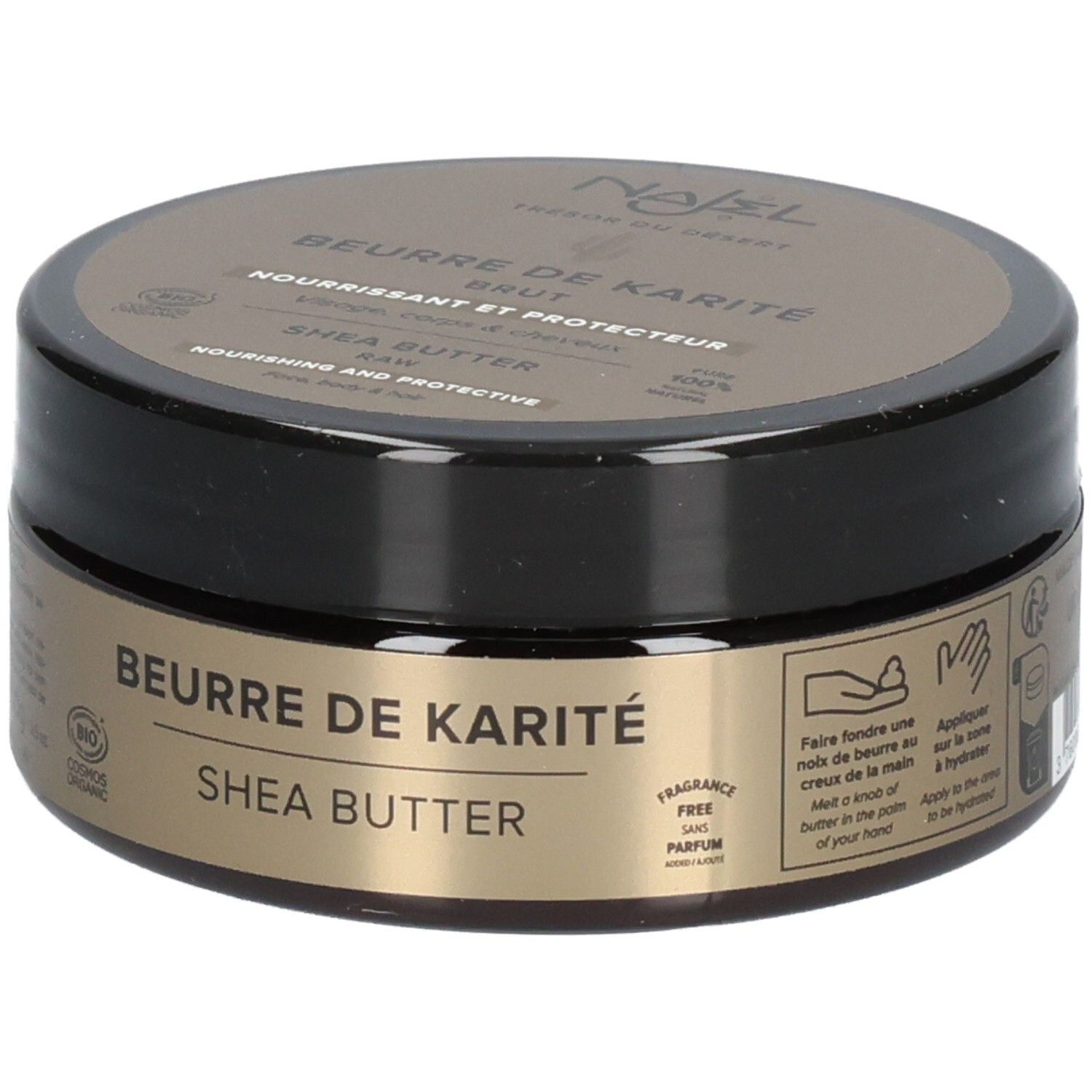 Dose mit braunem Deckel und goldfarbenem Etikett. Aufschrift: Beurre de Karité, Shea Butter, Nourrissant et Protecteur. Illustrationen zur Anwendung.