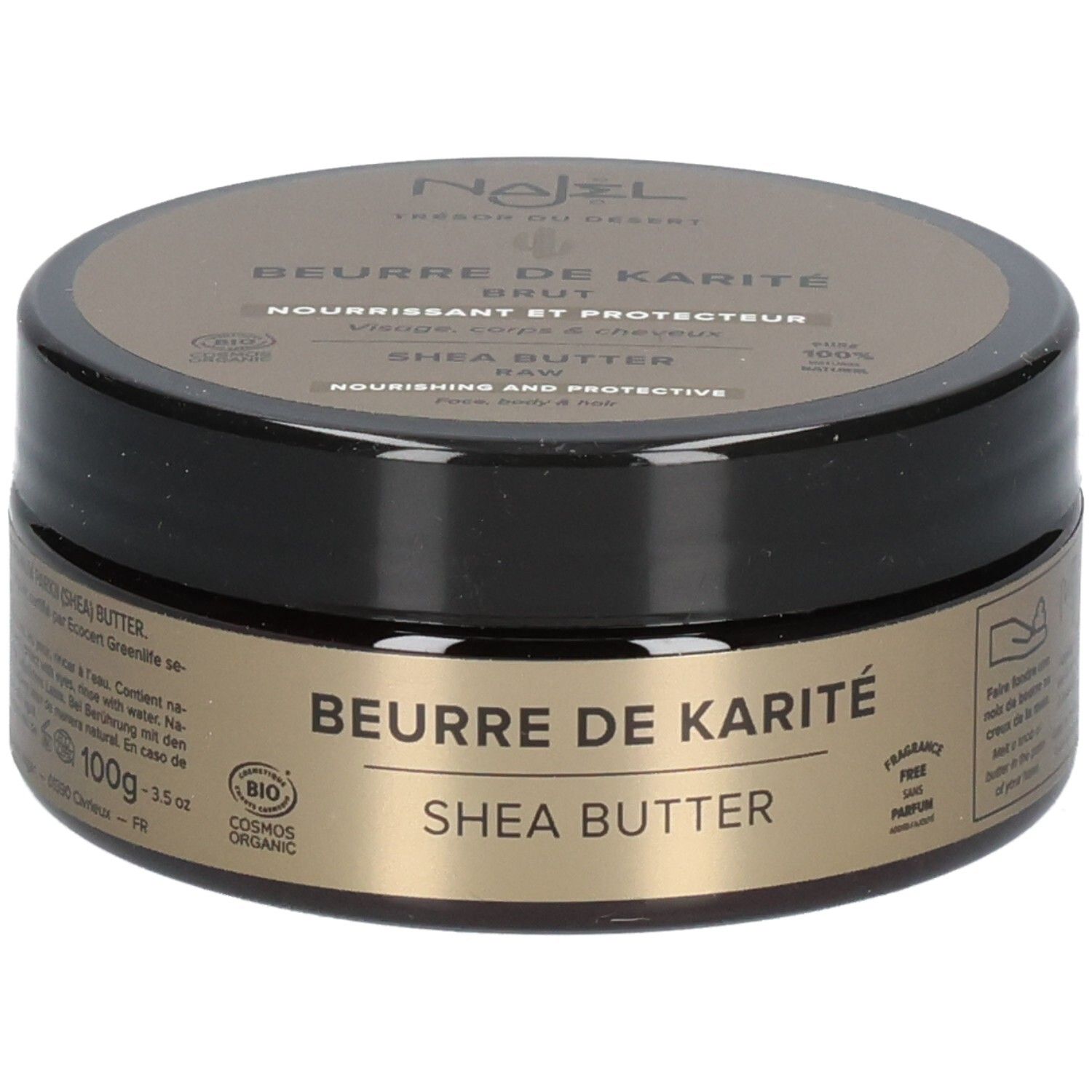 Runde Dose mit braunem Deckel und goldfarbenem Etikett. Aufschrift: Beurre de Karité, Shea Butter, Nourrissant et Protecteur. Bio-Zertifizierung.
