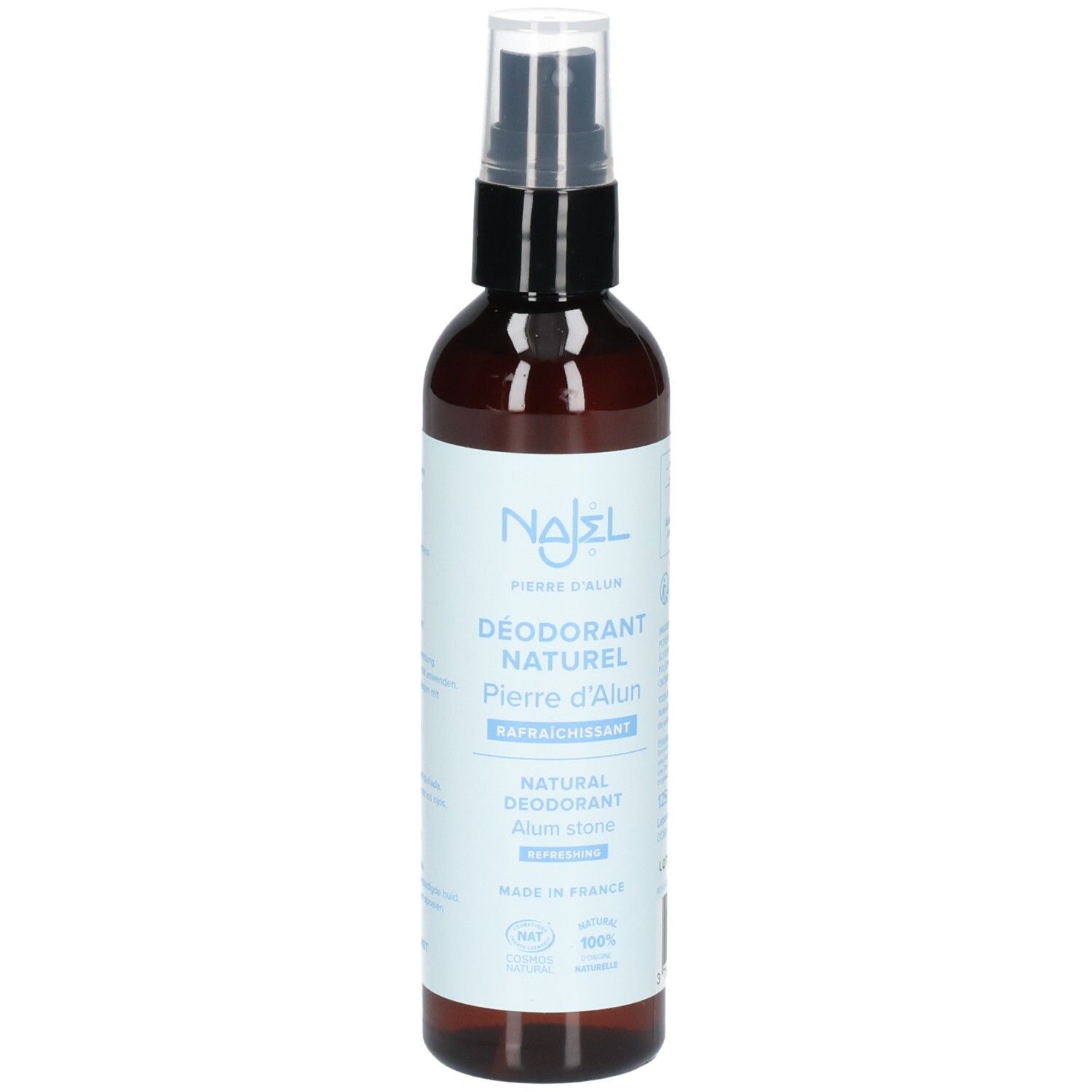 Braune Sprühflasche mit weißem Etikett. Aufschrift: Najel, Déodorant Naturel Pierre d'Alun, Rafraîchissant. Transparenter Sprühkopf.