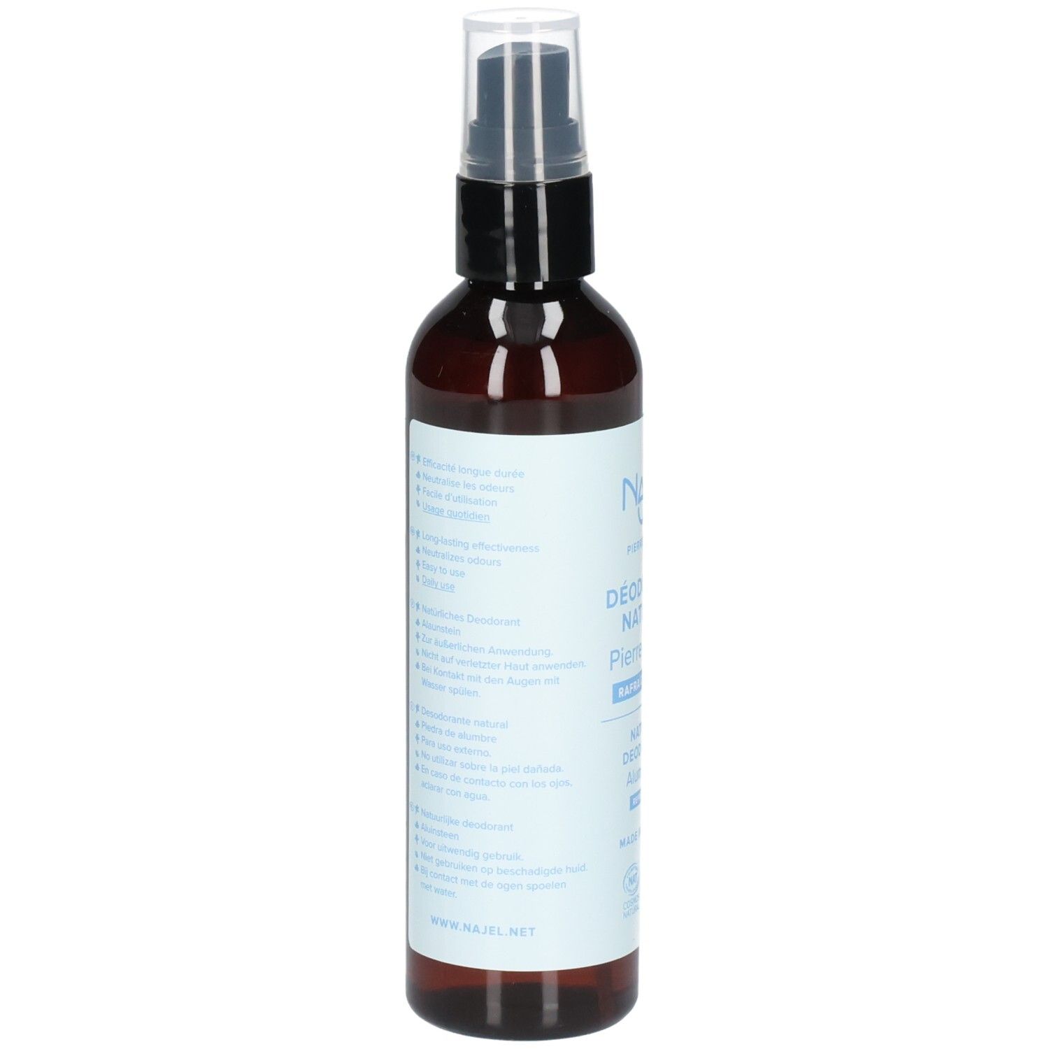 Rückansicht der braunen Sprühflasche. Weißes Etikett mit Text. Aufschrift: Najel, Déodorant Naturel Pierre d'Alun. Informationen und Inhaltsstoffe.