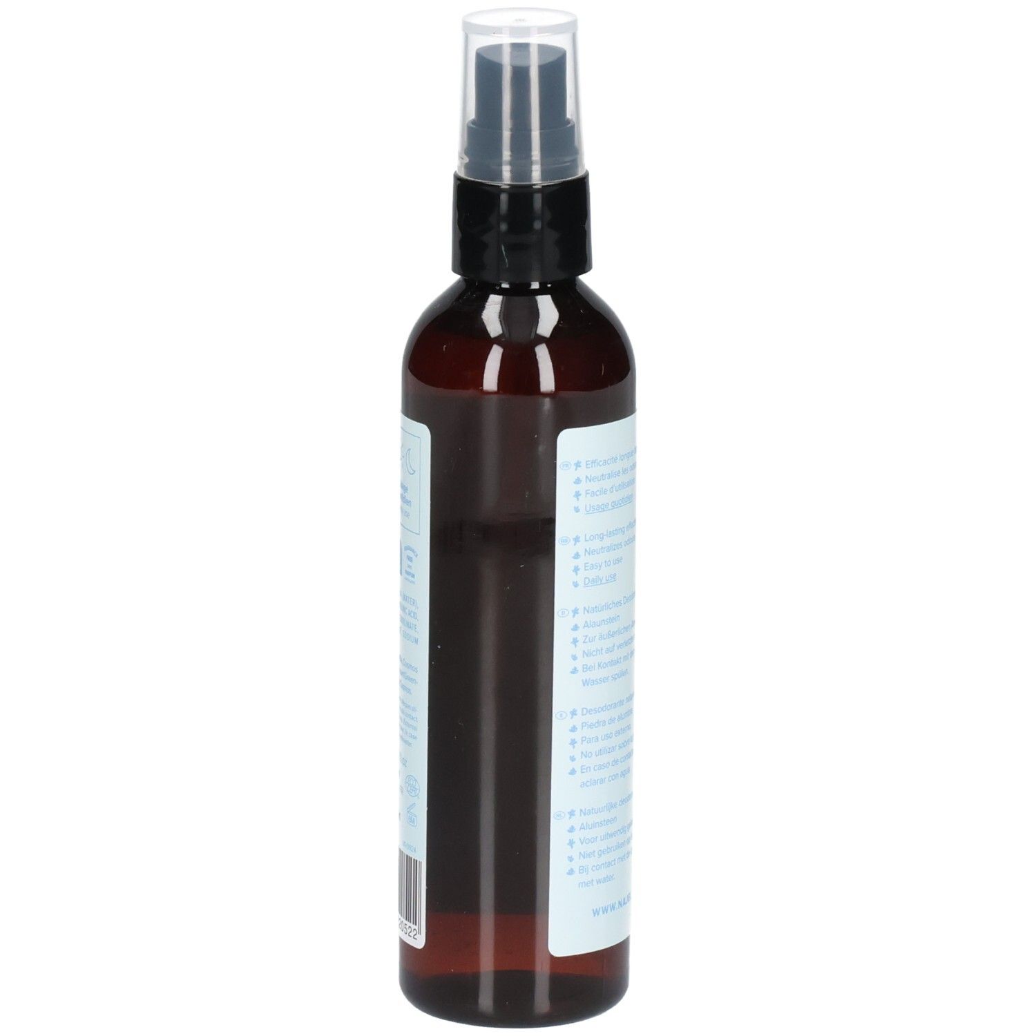 Seitenansicht der braunen Sprühflasche. Weißes Etikett mit Text. Aufschrift: Najel, Déodorant Naturel Pierre d'Alun. Informationen und Inhaltsstoffe.