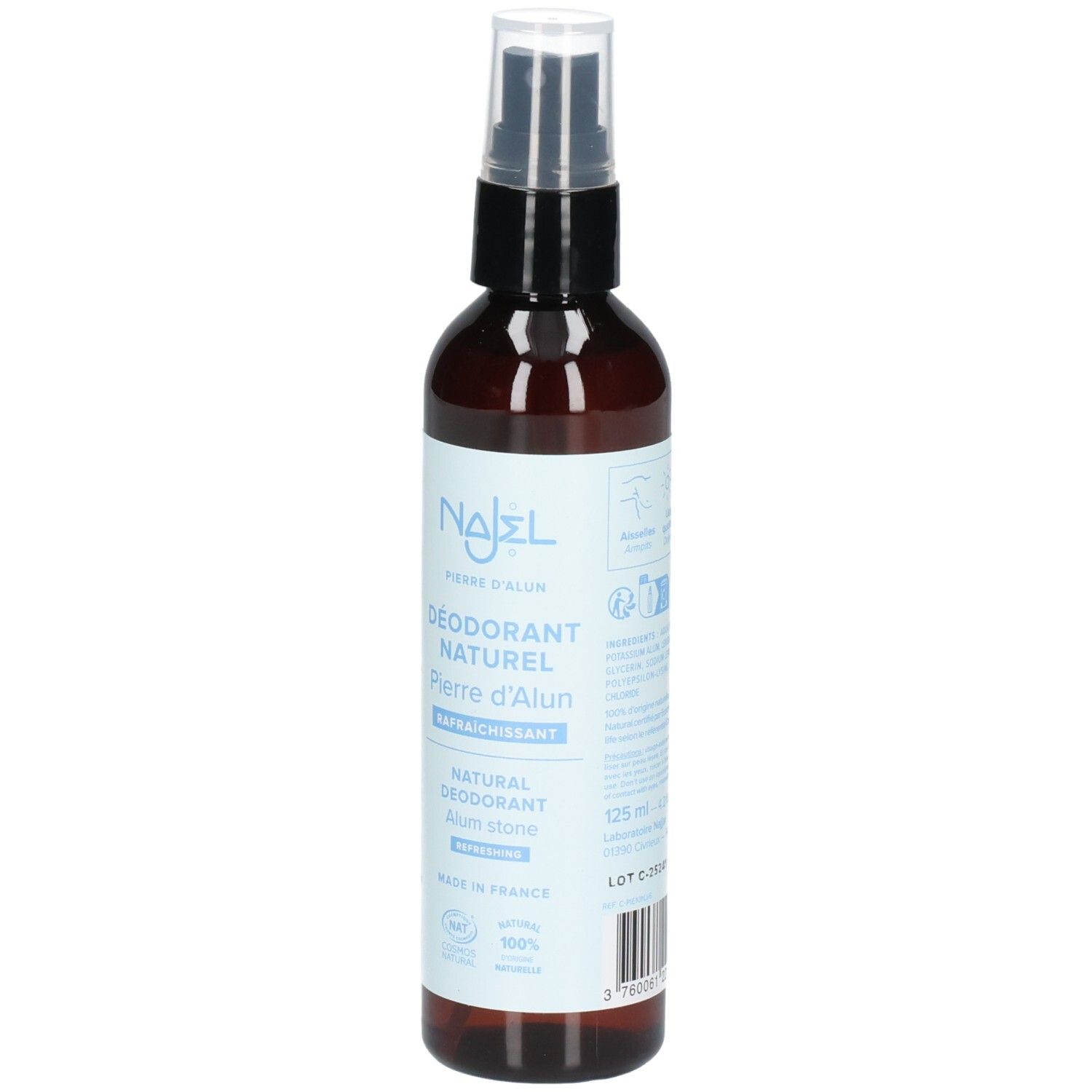 Braune Sprühflasche mit weißem Etikett. Aufschrift: Najel, Déodorant Naturel Pierre d'Alun, Rafraîchissant. Volumen: 125 ml.