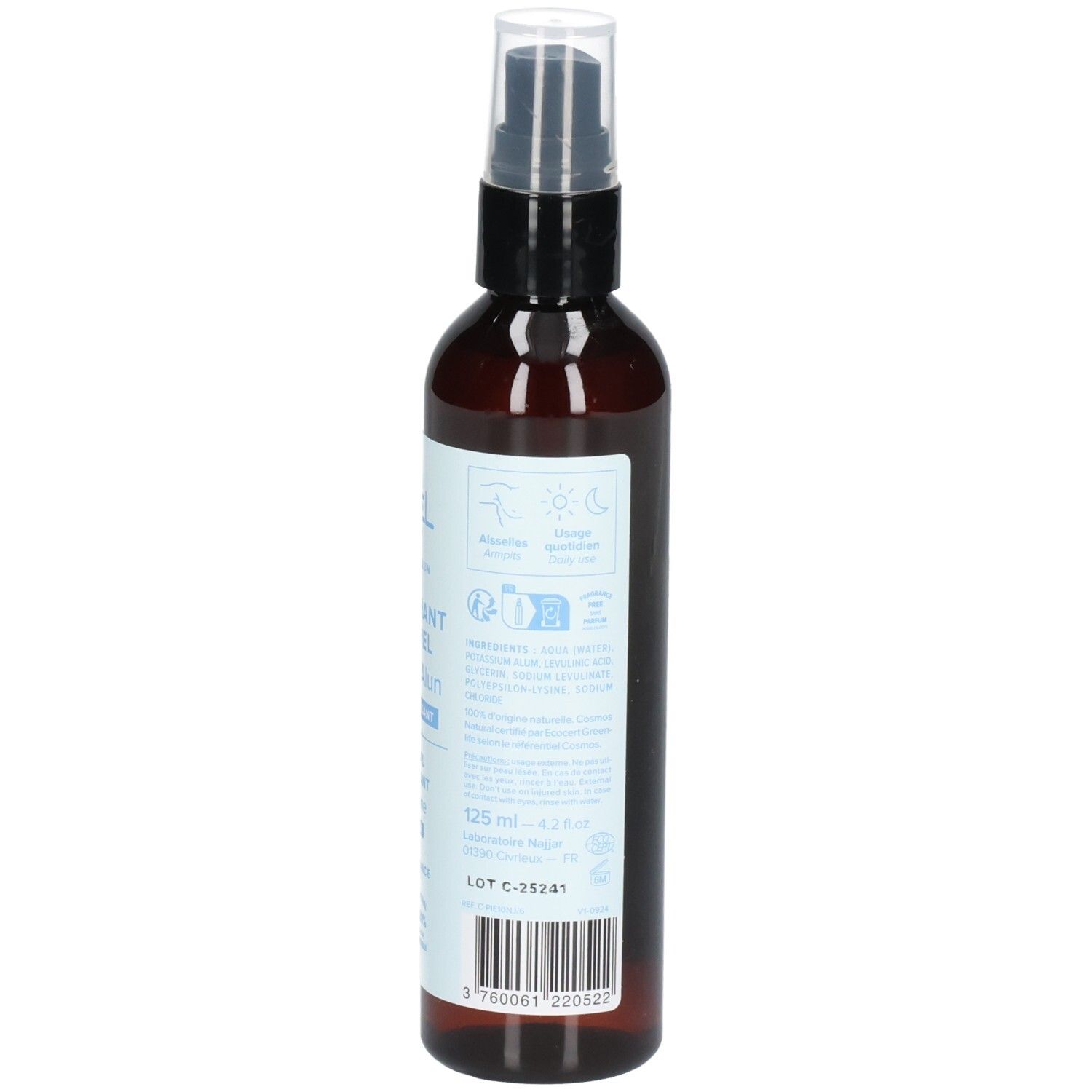 Rückansicht der braunen Sprühflasche. Weißes Etikett mit Text. Aufschrift: Najel, Déodorant Naturel Pierre d'Alun. Informationen und Inhaltsstoffe.
