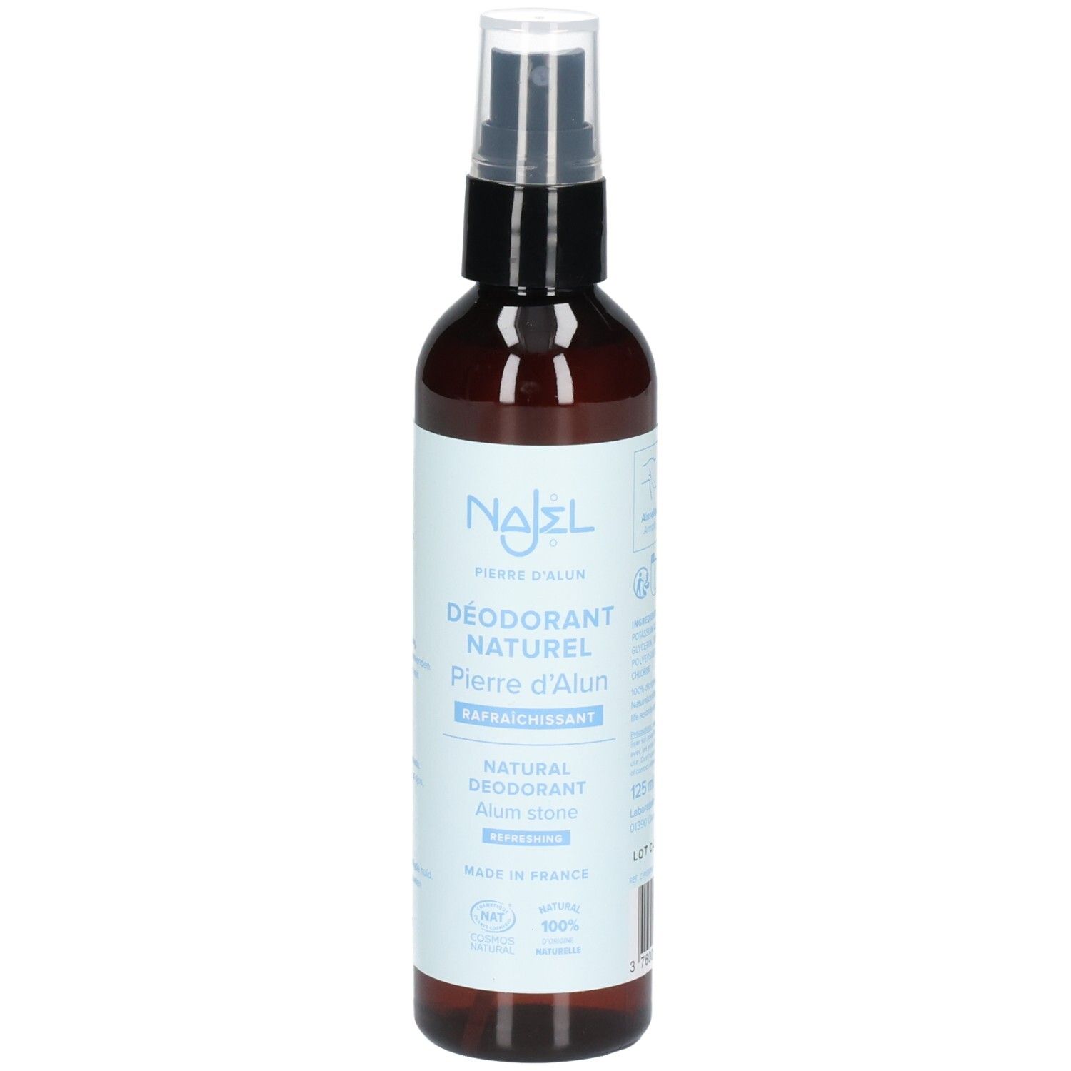 Braune Sprühflasche mit weißem Etikett. Aufschrift: Najel, Déodorant Naturel Pierre d'Alun, Rafraîchissant. Transparenter Sprühkopf.