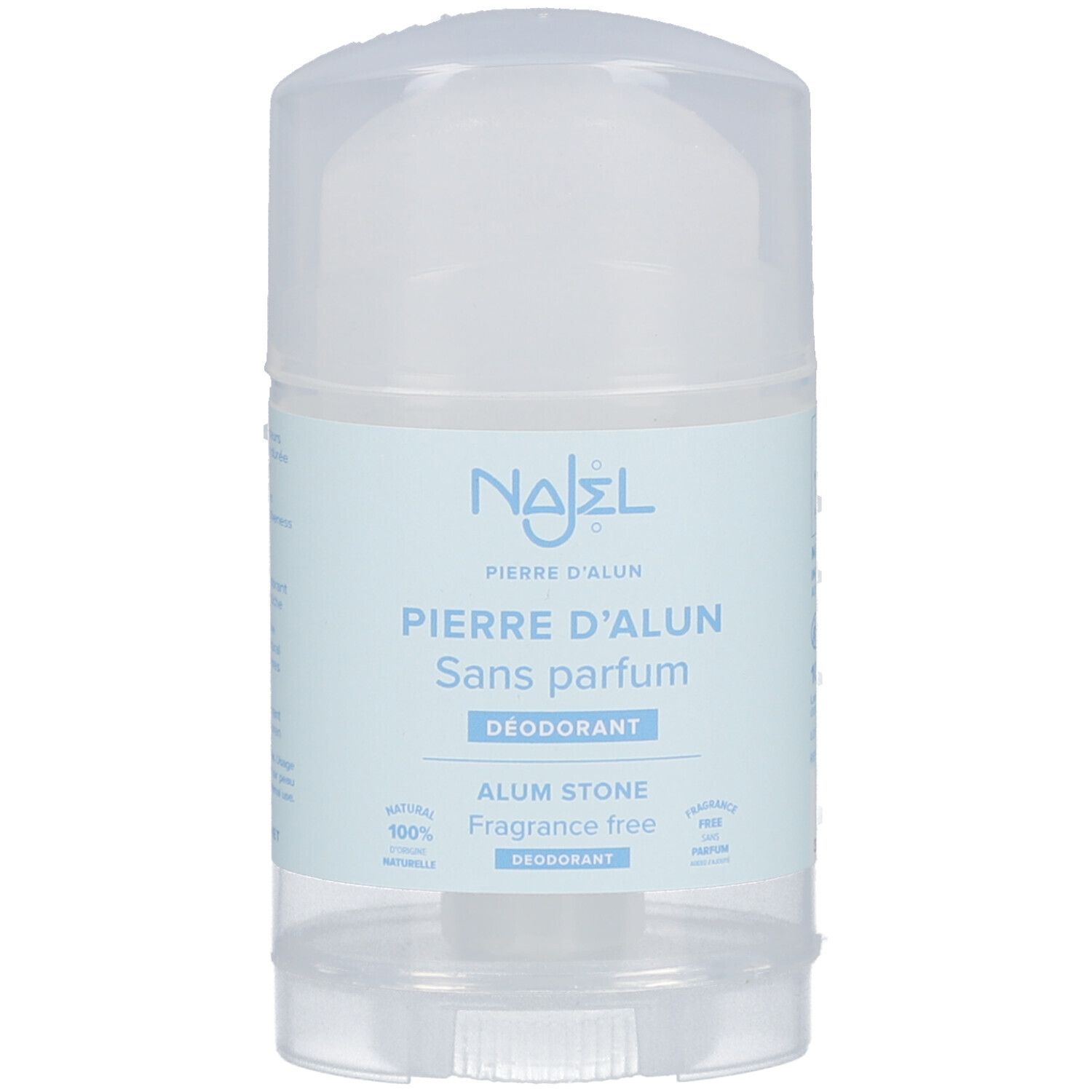 Deo-Stick mit Deckel. Aufschrift: NAJEL, Pierre d'alun, Sans parfum, Déodorant, Alum Stone, Fragrance free. 100% natürliche Inhaltsstoffe.
