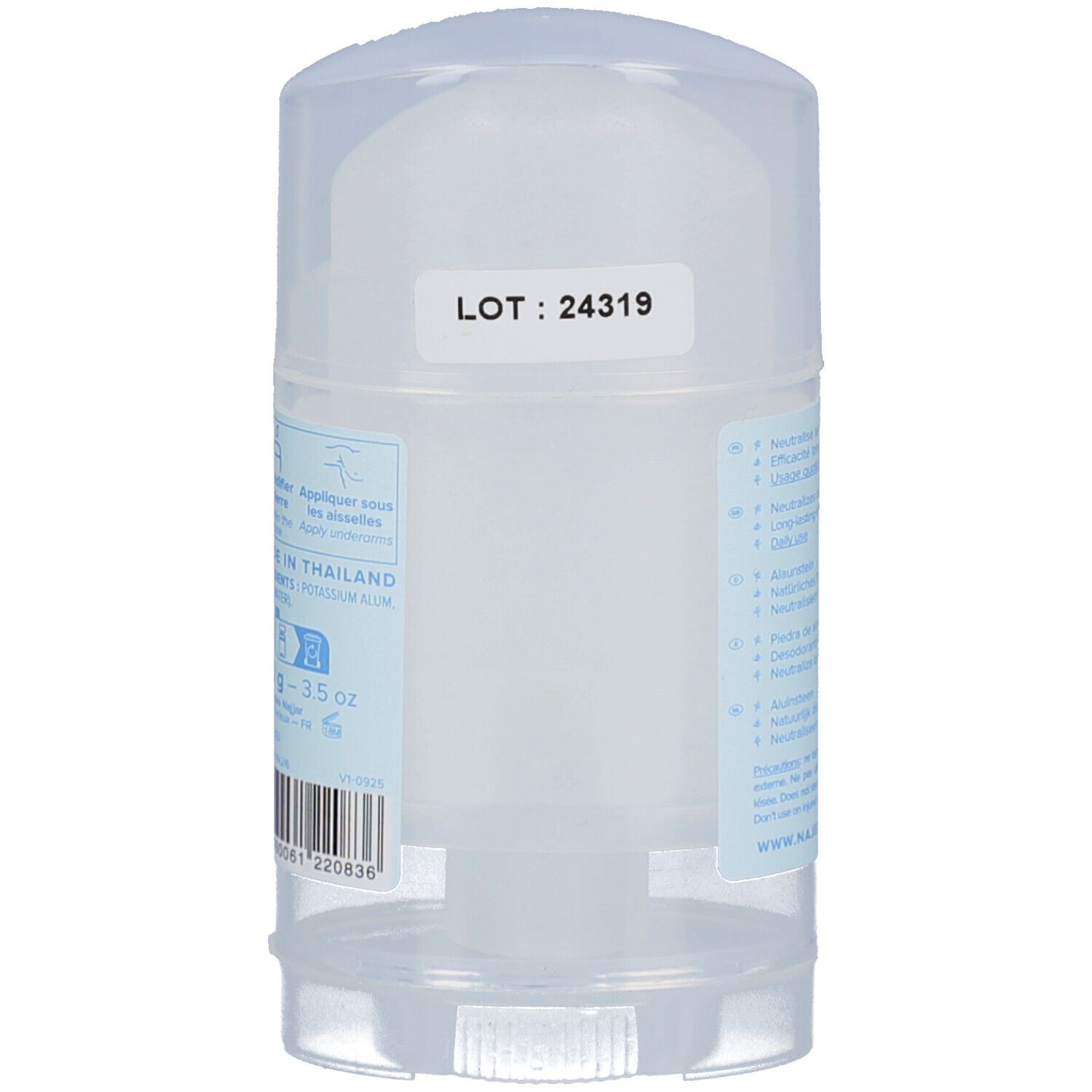 Transparenter Deo-Stick mit Deckel. Aufkleber mit LOT-Nummer und Barcode. Rückseite mit Text in mehreren Sprachen.