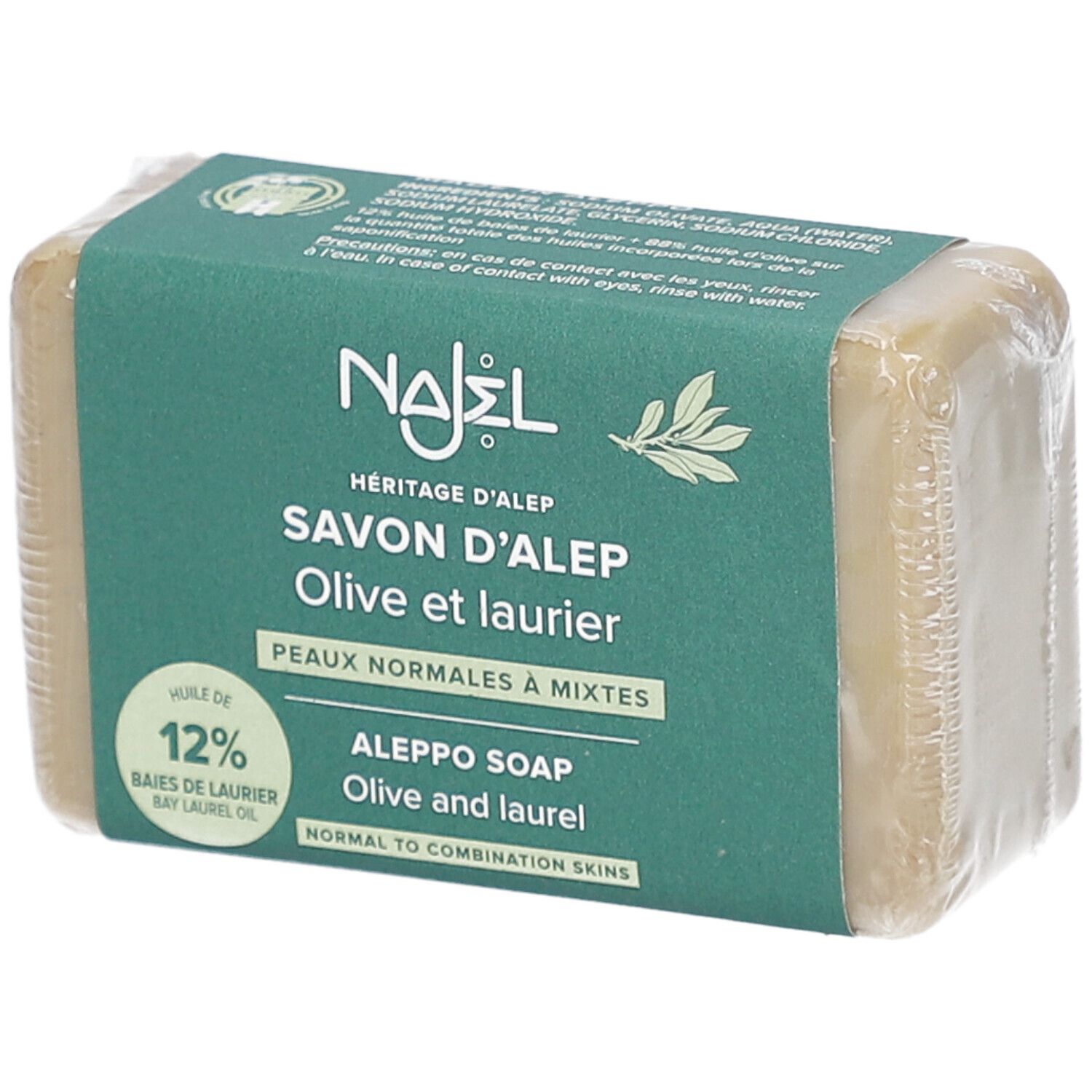 Savon emballé, étiquette verte. Inscription: Najel, Savon d'Alep Olive et Laurier, Peaux normales à mixtes. 12% Baies de Laurier.