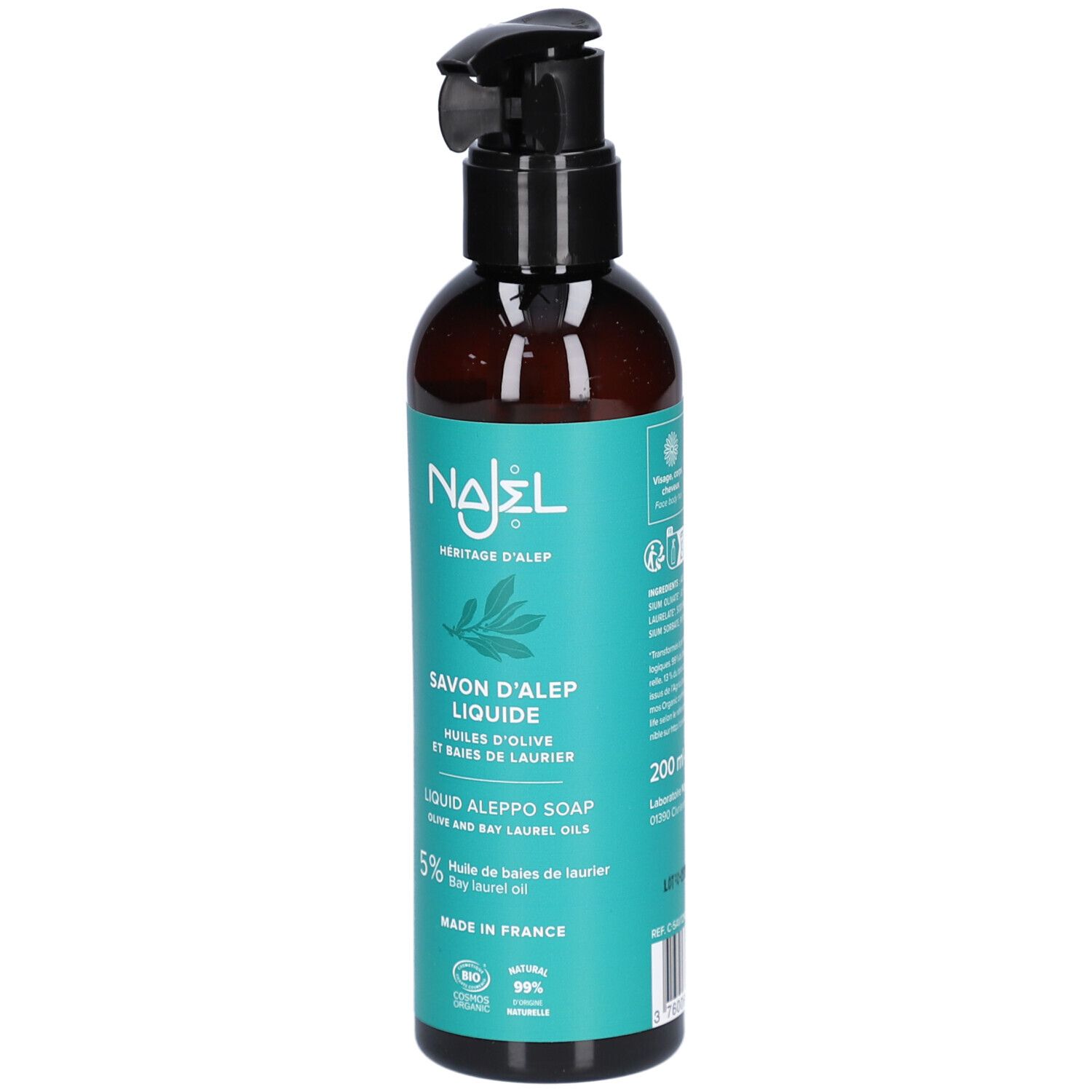 Braune Flasche mit schwarzem Pumpkopf. Türkisfarbenes Etikett mit Produktbezeichnung und Logo. Bio-Zertifizierung.