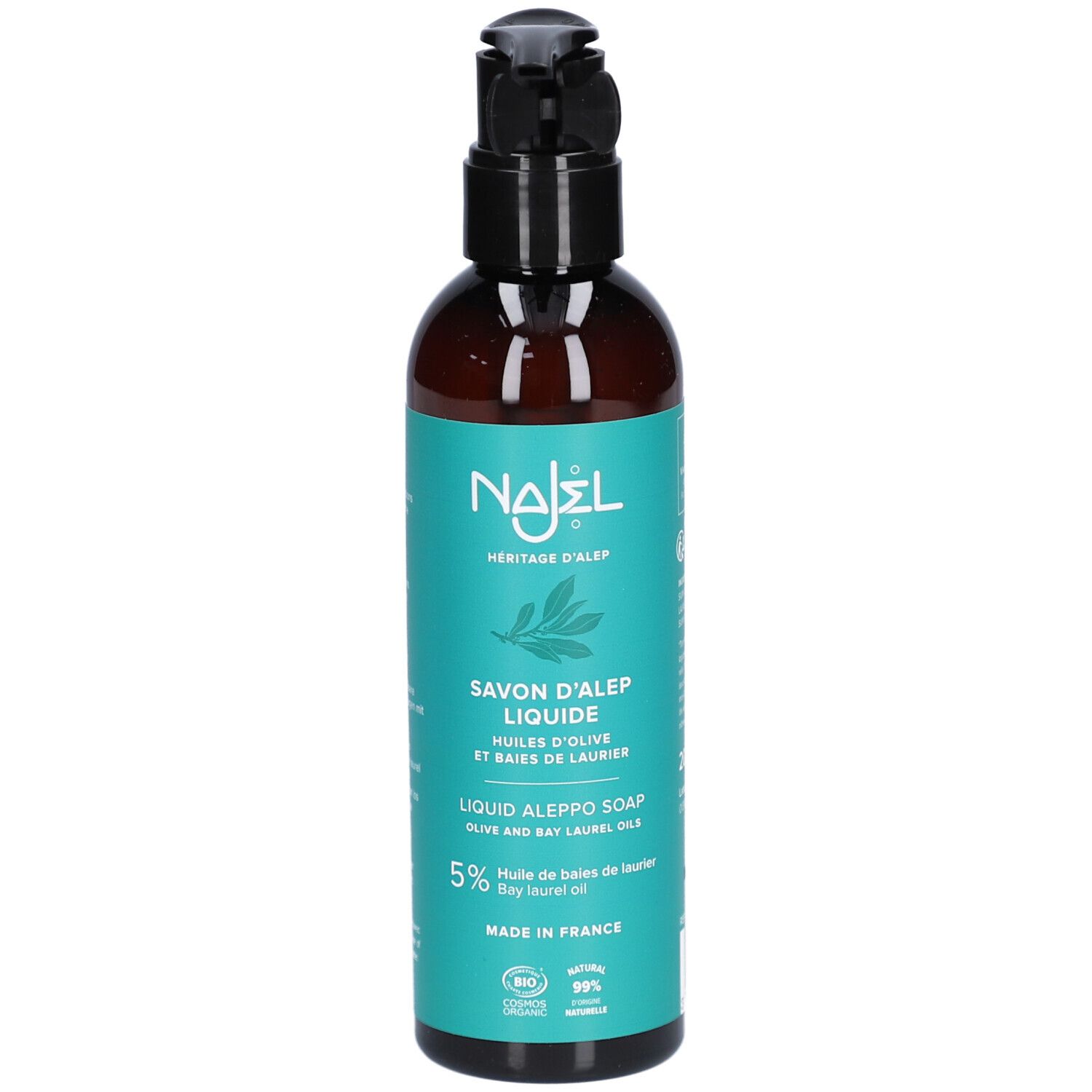 Braune Flasche mit schwarzem Pumpkopf. Türkisfarbenes Etikett mit Produktbezeichnung und Logo. Bio-Zertifizierung.