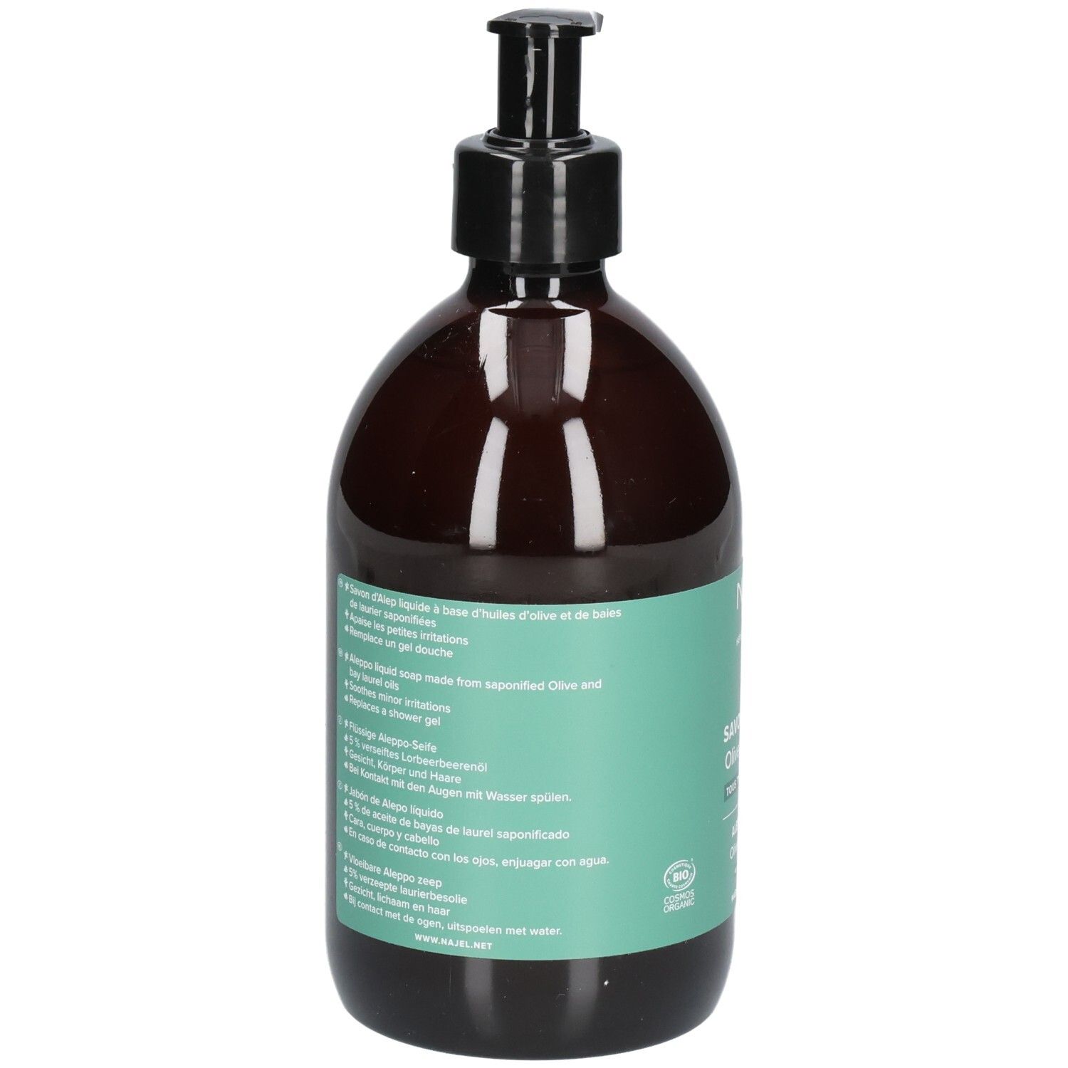 Rückseite der Flasche. Text in mehreren Sprachen. Produktbezeichnung: Savon d'Alep. Inhaltsstoffe und Anwendungshinweise.