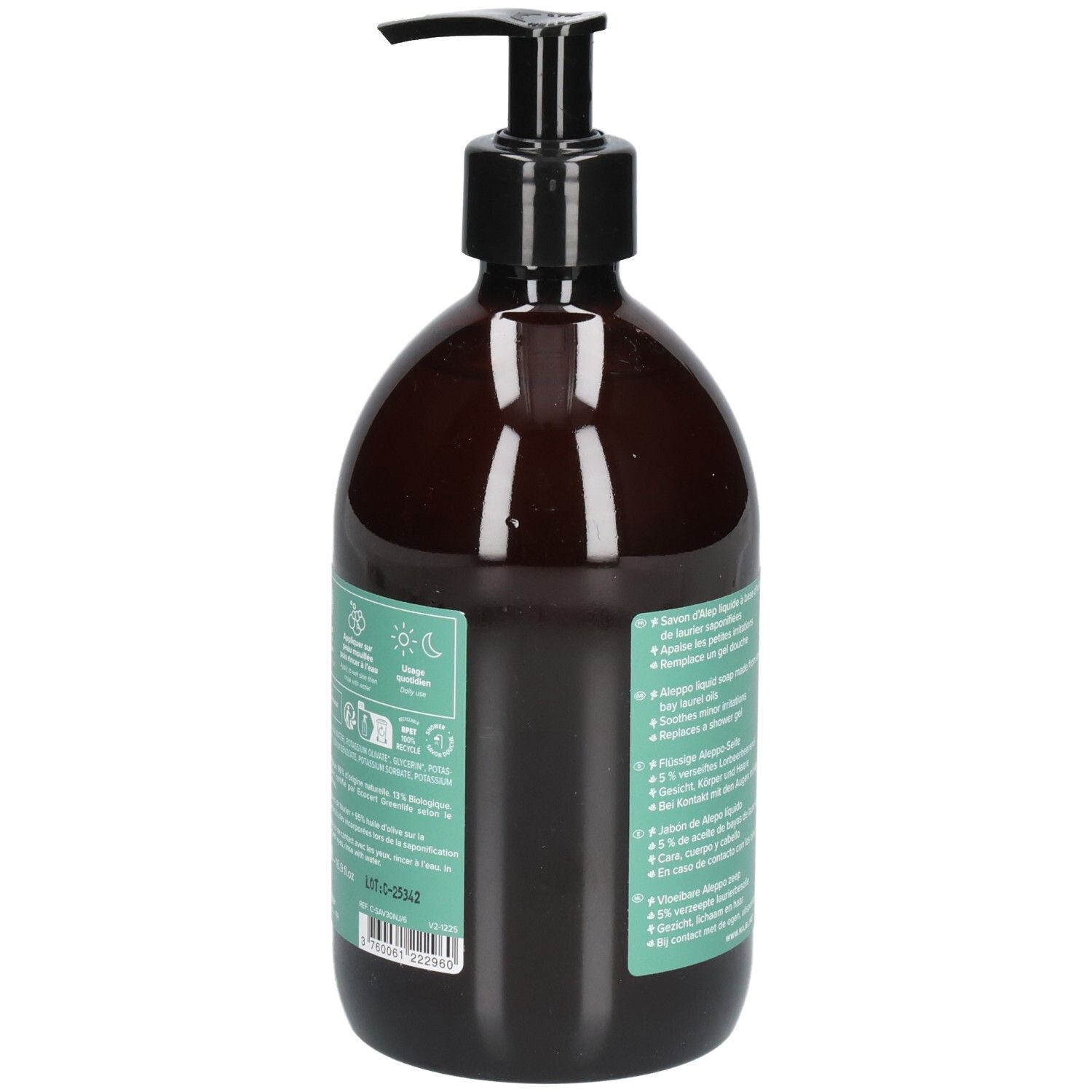 Rückseite der Flasche. Text in mehreren Sprachen. Produktbezeichnung: Savon d'Alep. Informationen zu Zertifizierungen.