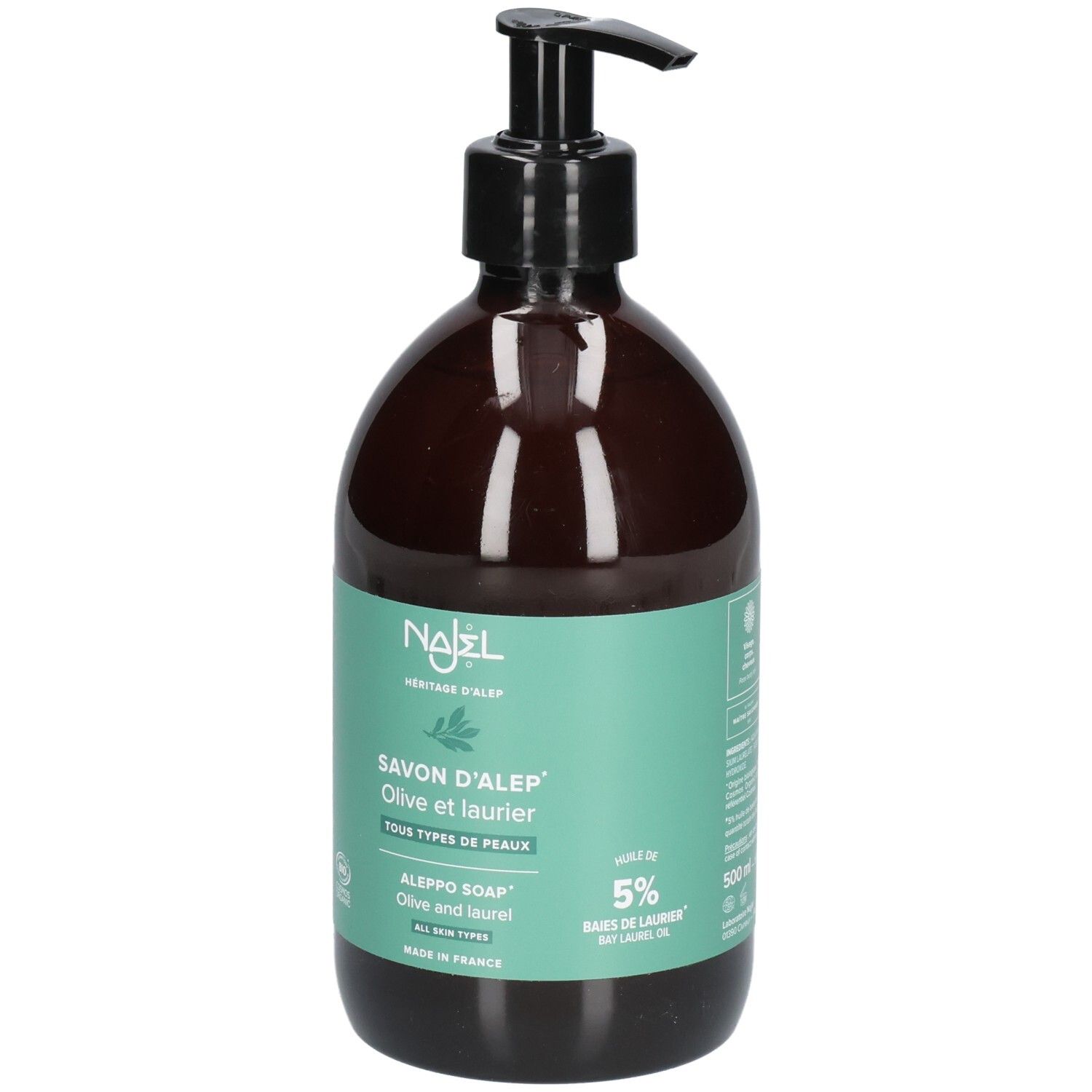 Braune Flasche mit schwarzem Pumpkopf. Aufkleber mit Produktbezeichnung: Savon d'Alep Olive et Laurier. Marke Najel.