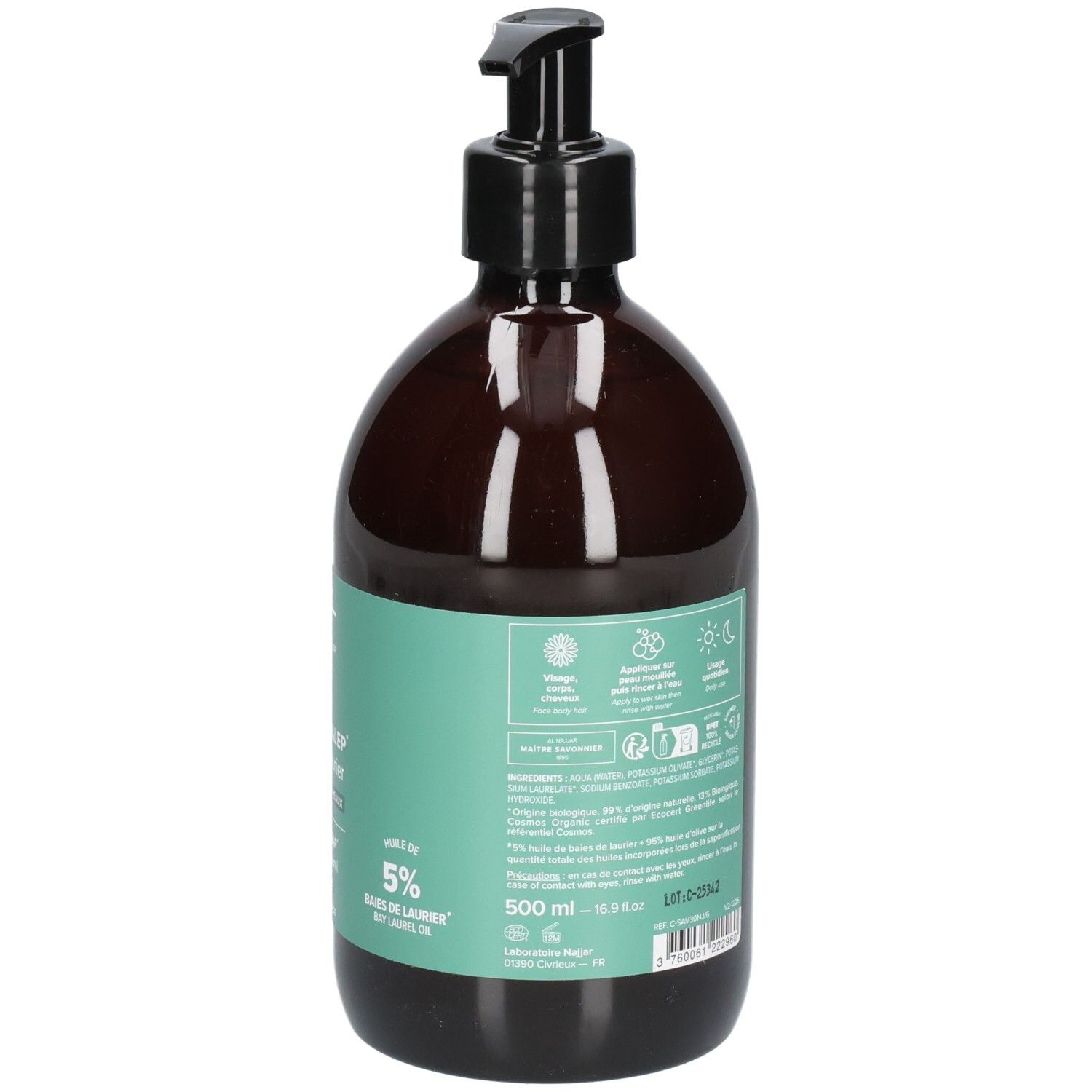 Rückseite der Flasche. Text in mehreren Sprachen. Produktbezeichnung: Savon d'Alep. Inhaltsstoffe, Zertifizierungen.